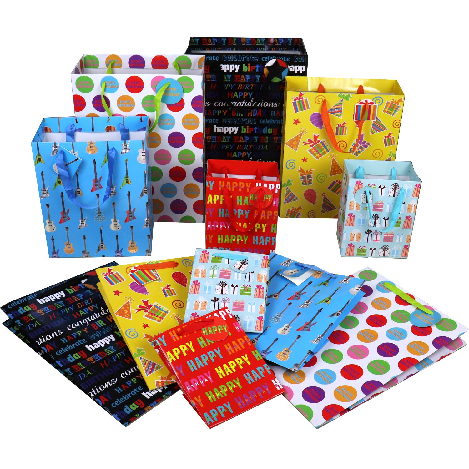 12-Piece Birthday Gift Bags Set - Large, Medium & Small Assorted Sizes for Boys, Girls, Women & Men - Perfect for Parties, Baby Showers & Holiday Gifting