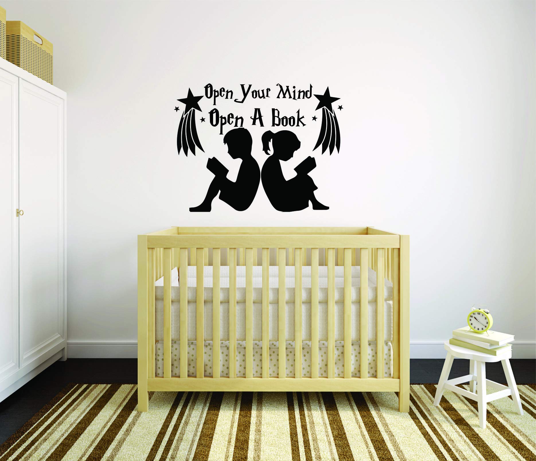 Open Your Mind Open A Book - Inspirational Reading Quotes Wall Decal for Kids Room, Nursery, Classroom - Removable Vinyl Wall Art Sticker (18x30 inches) - Perfect for Bedroom, Daycare, Kindergarten & Home Decor