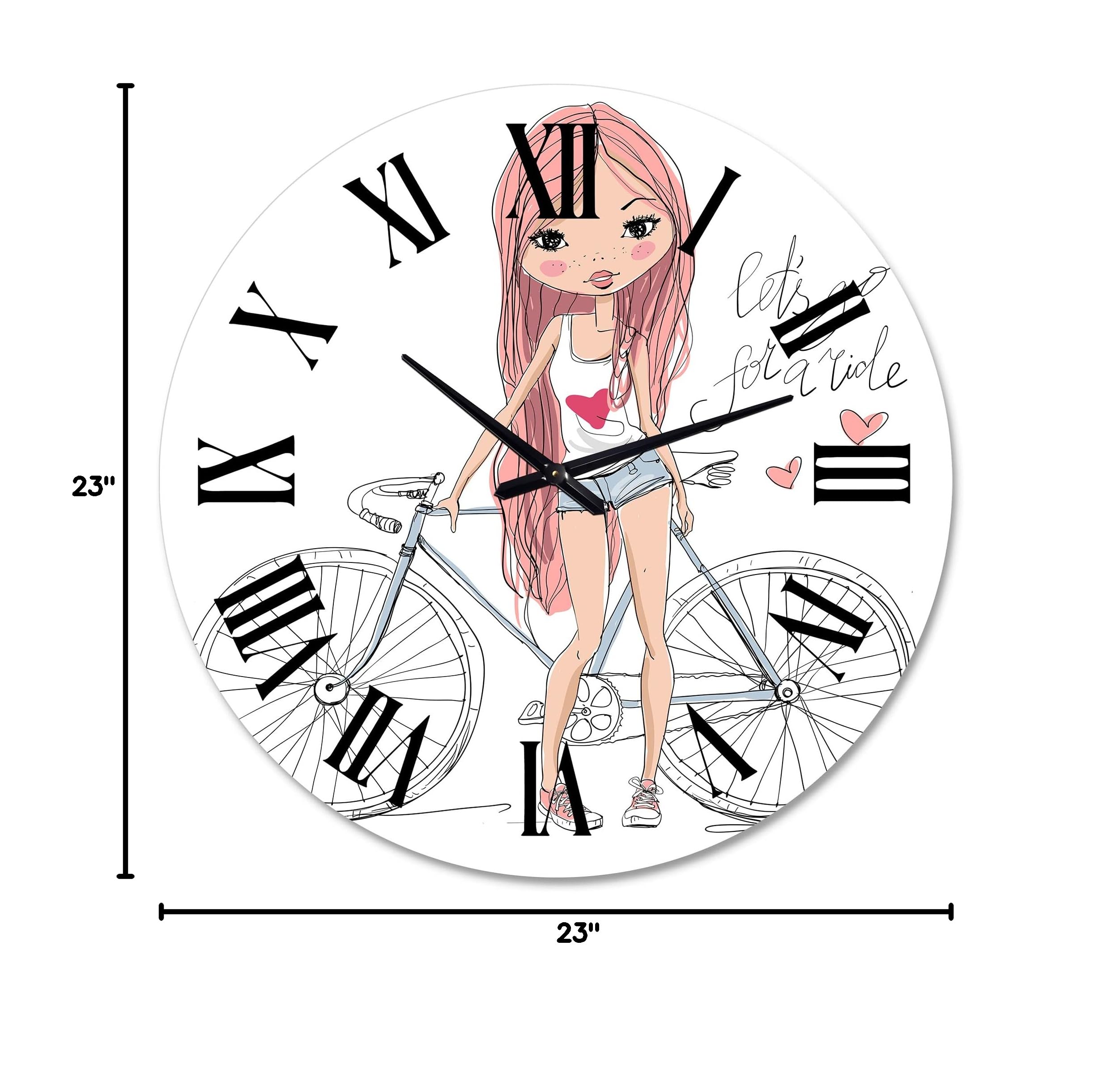 DesignQ Kids Wall Clock - 'Girl Riding Bicycle' Large Silent Non-Ticking Wall Clock for Children's Room, Nursery, Playroom & Classroom Decor | Perfect Gift for Girls Birthday