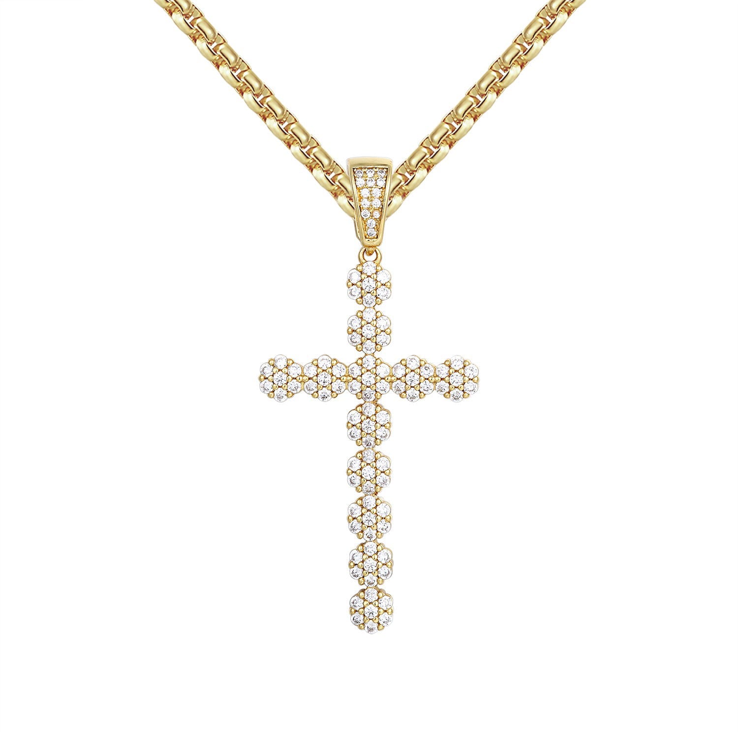 New Cluster Flower Prong Set Cross Silver Pendant Necklace - Elegant Religious Jewelry for Women, Perfect for Church, Weddings & Everyday Wear