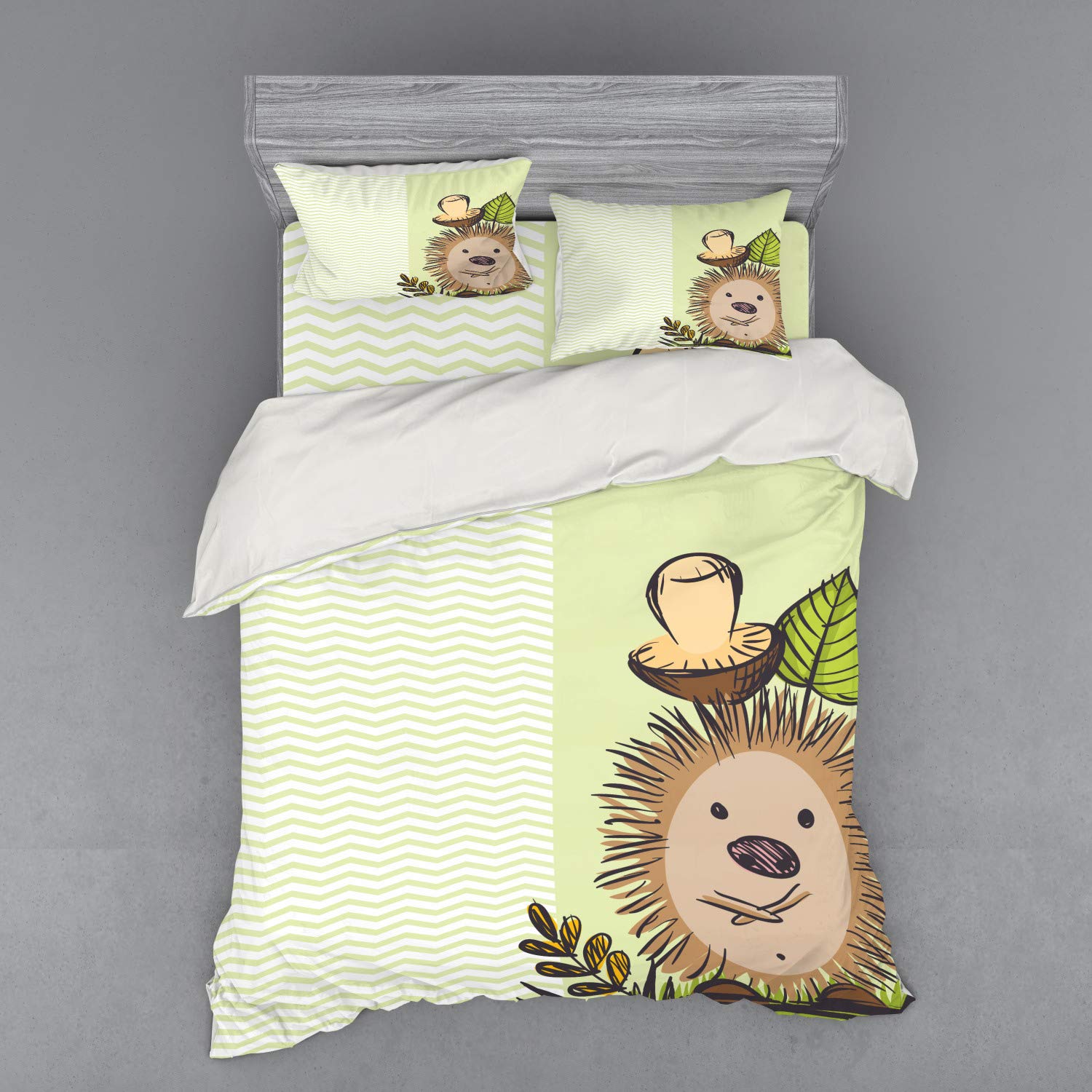 Ambesonne Mushroom Duvet Cover Set - Hedgehog Chevron Stripes Pattern Wildlife Cartoon Design - 4 Piece Bedding Set with Shams & Fitted Sheet - Queen Size - Green Brown Beige - Perfect for Kids Room, Nursery Decor or Wildlife Themed Bedroom