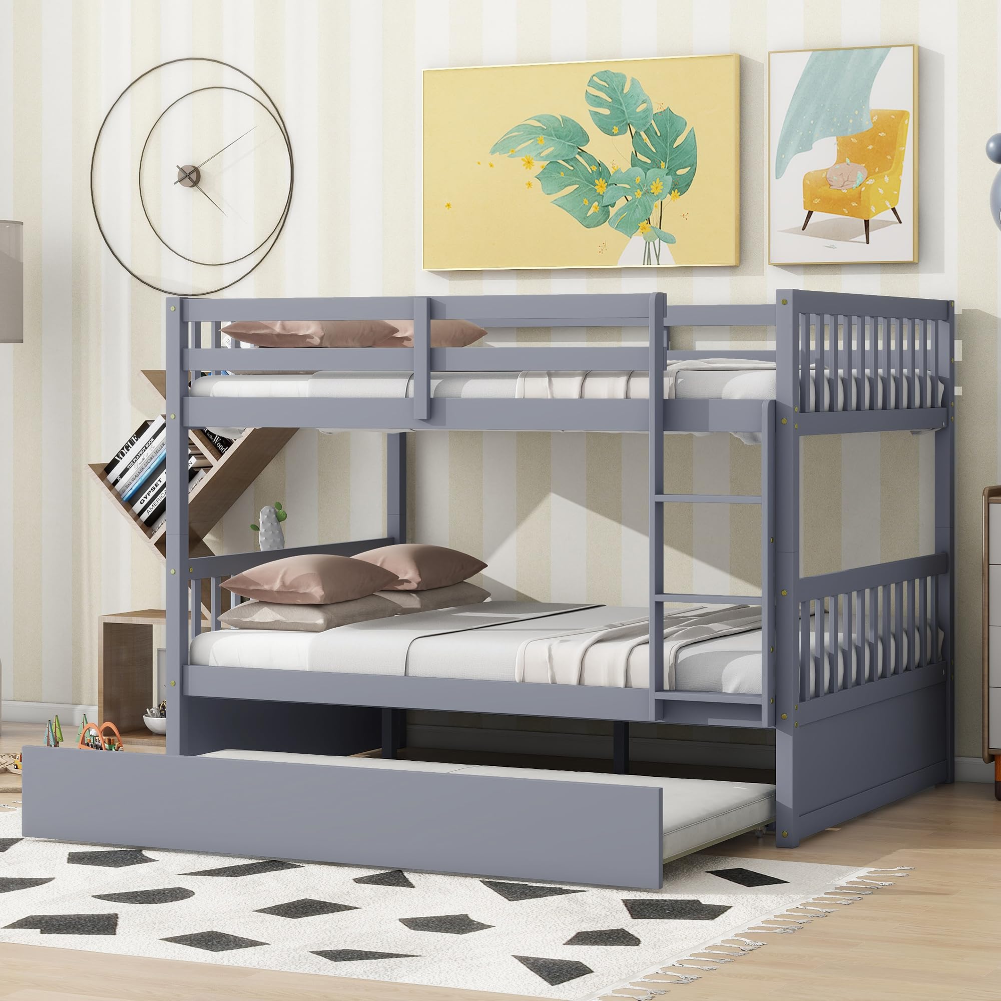 Homsof Full Over Full Bunk Bed with Trundle - Converts to 2 Full Size Platform Beds | Sturdy Ladder & Safety Rails for Kids, Teens & Adults | Space-Saving Grey Bedroom Furniture for Guest Rooms, Dorms & Small Apartments