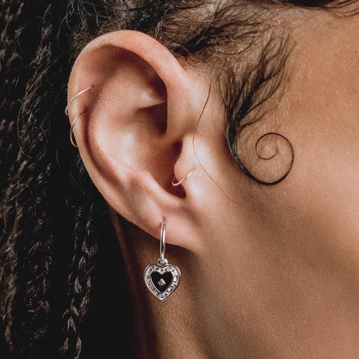 SOLEMN Black Enamel Heart Hoop Earrings for Women - Sterling Silver Dangle Earrings - Valentine's Day Gift, Anniversary Present, Romantic Jewelry for Her
