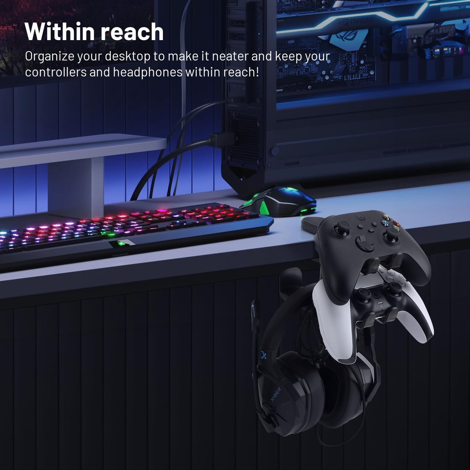 Universal 3-in-1 Under Desk Gaming Headset Stand & Controller Holder - Adjustable Swivel Arm Clamp for PC, PS5, Xbox Accessories (Black) | Perfect for Organized Gaming Setup & Space-Saving Workstation