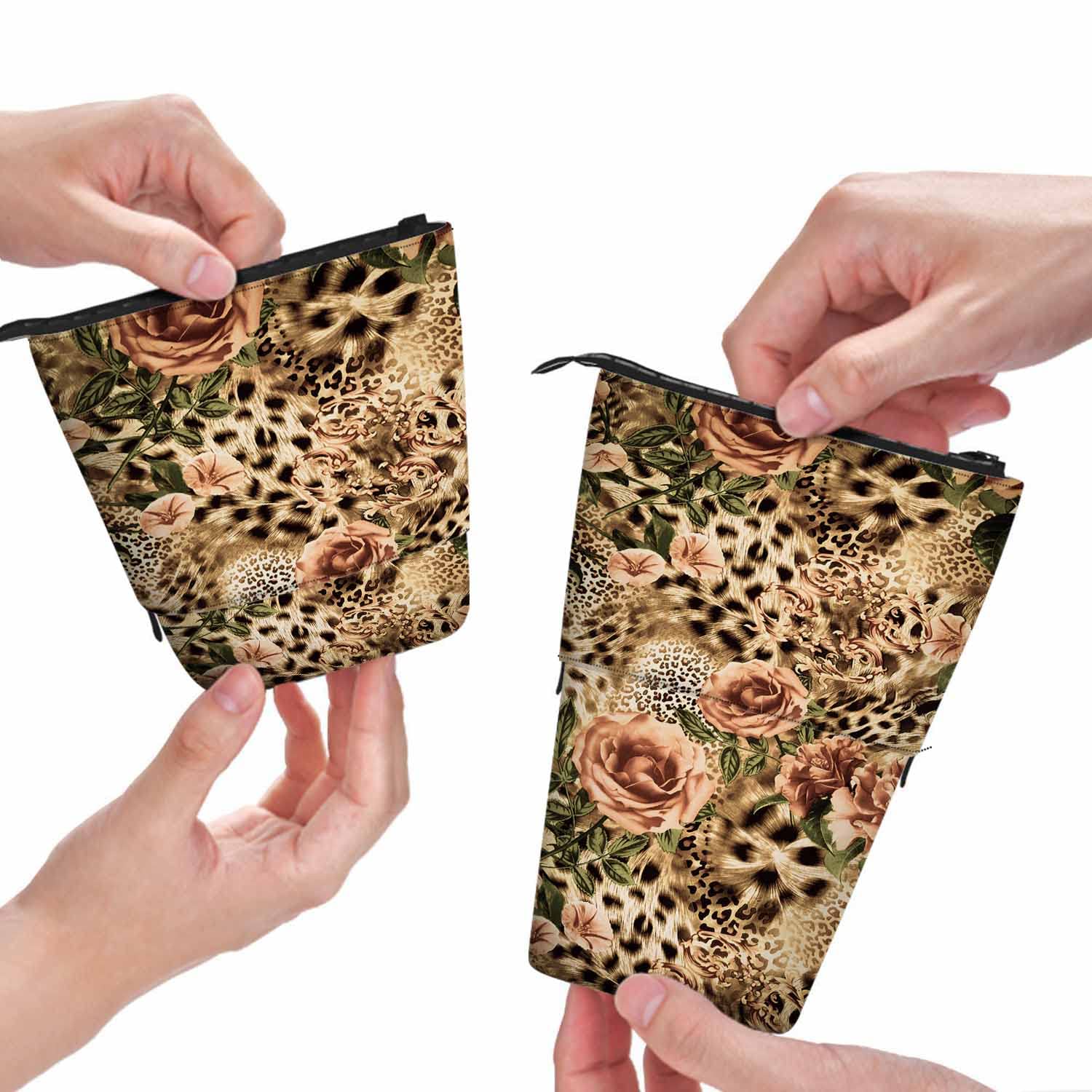 Swono Striped Leopard Pencil Case - Flower Rose Design Stand Up Makeup Organizer - Colorful Pouch for School, Office & Travel (Perfect Gift Idea)