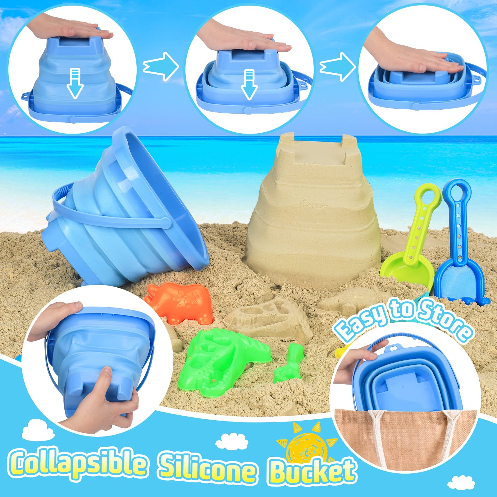 Dinosaur Beach Toys Set with Dump Truck, Collapsible Bucket, Shovel & Rake - 12-Piece Sand Play Kit with Animal Molds & Mesh Bag - Perfect for Sandcastles, Beach Fun & Toddler Sandbox Play