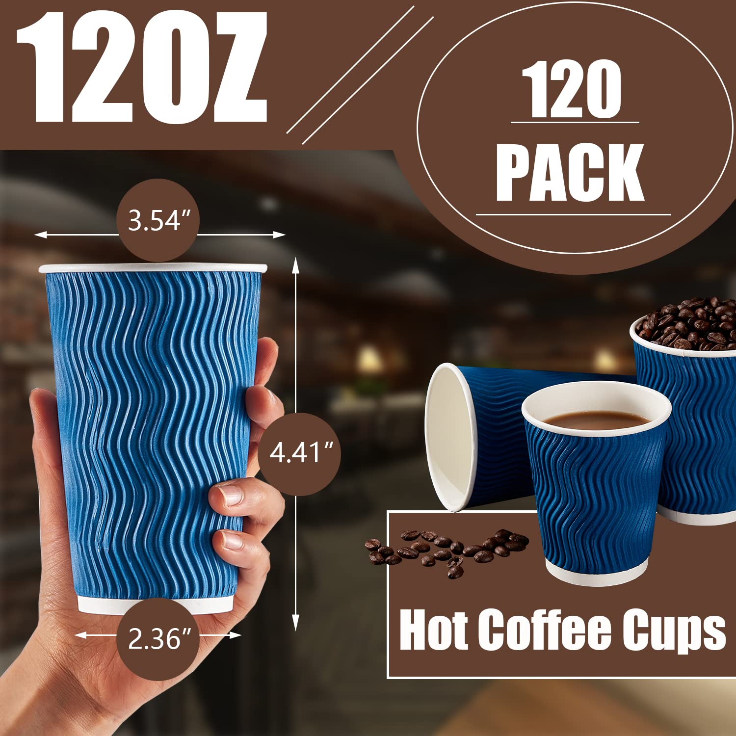Lamosi 12 oz Disposable Paper Coffee Cups - 120 Pack, Insulated Corrugated Kraft Ripple Wall Cups for Hot & Cold Beverages (Navy) | Perfect for Coffee Shops, Offices, Parties & Events