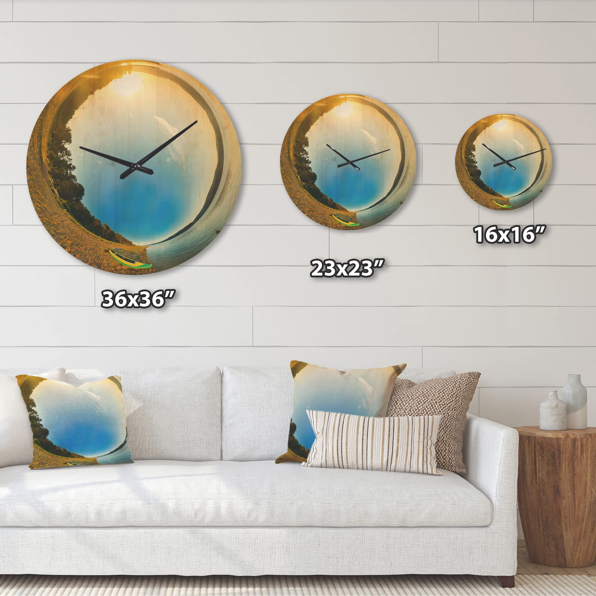 DesignQ 'Kayak at River Bank Little Planet' Modern Wood Wall Clock - Large Decorative Oversized Wooden Clock for Living Room, Bedroom & Office Décor - Perfect for Home, Office & Gifts