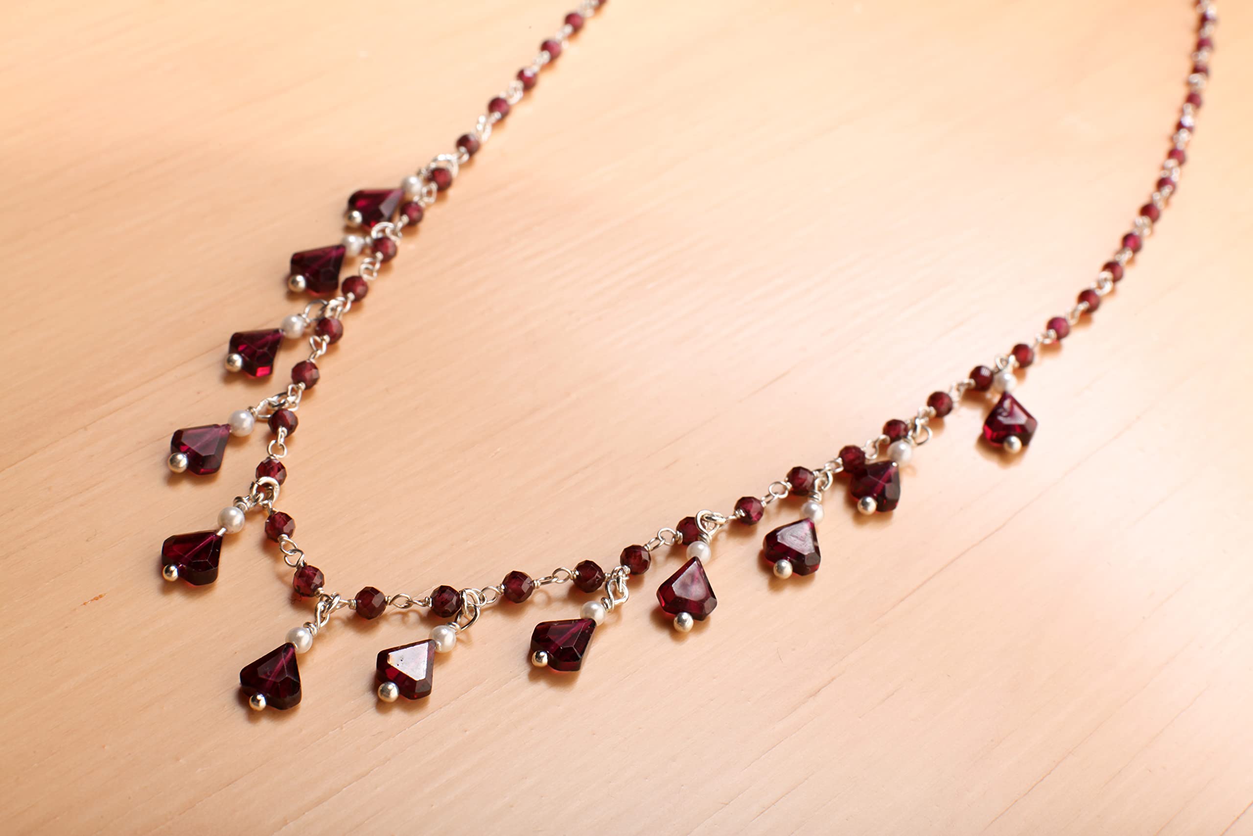 Genuine Merlot Red Faceted Garnet & Freshwater Pearl Necklace - 925 Sterling Silver with Lobster Clasp (16