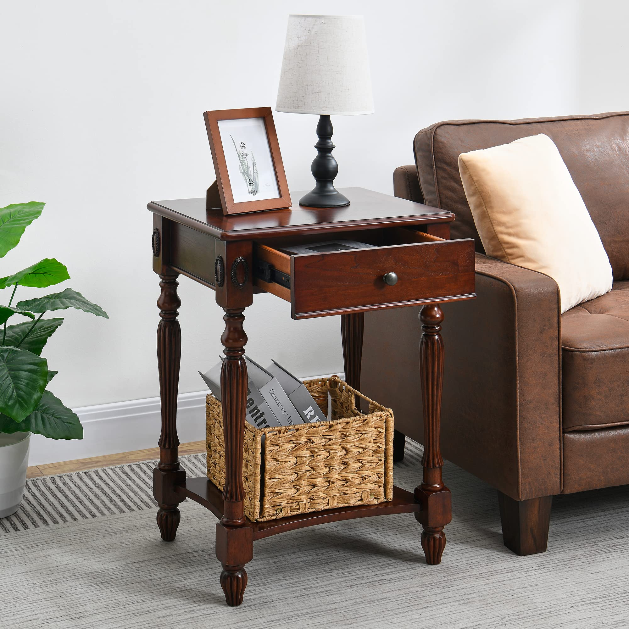 Solid Wood Side Table with Drawer & Storage Shelf - Traditional Walnut End Table, Narrow Telephone Stand, Nightstand & Sofa Table for Living Room, Bedroom & Office - Perfect for Small Spaces & Home Decor (GBJ1533WD)