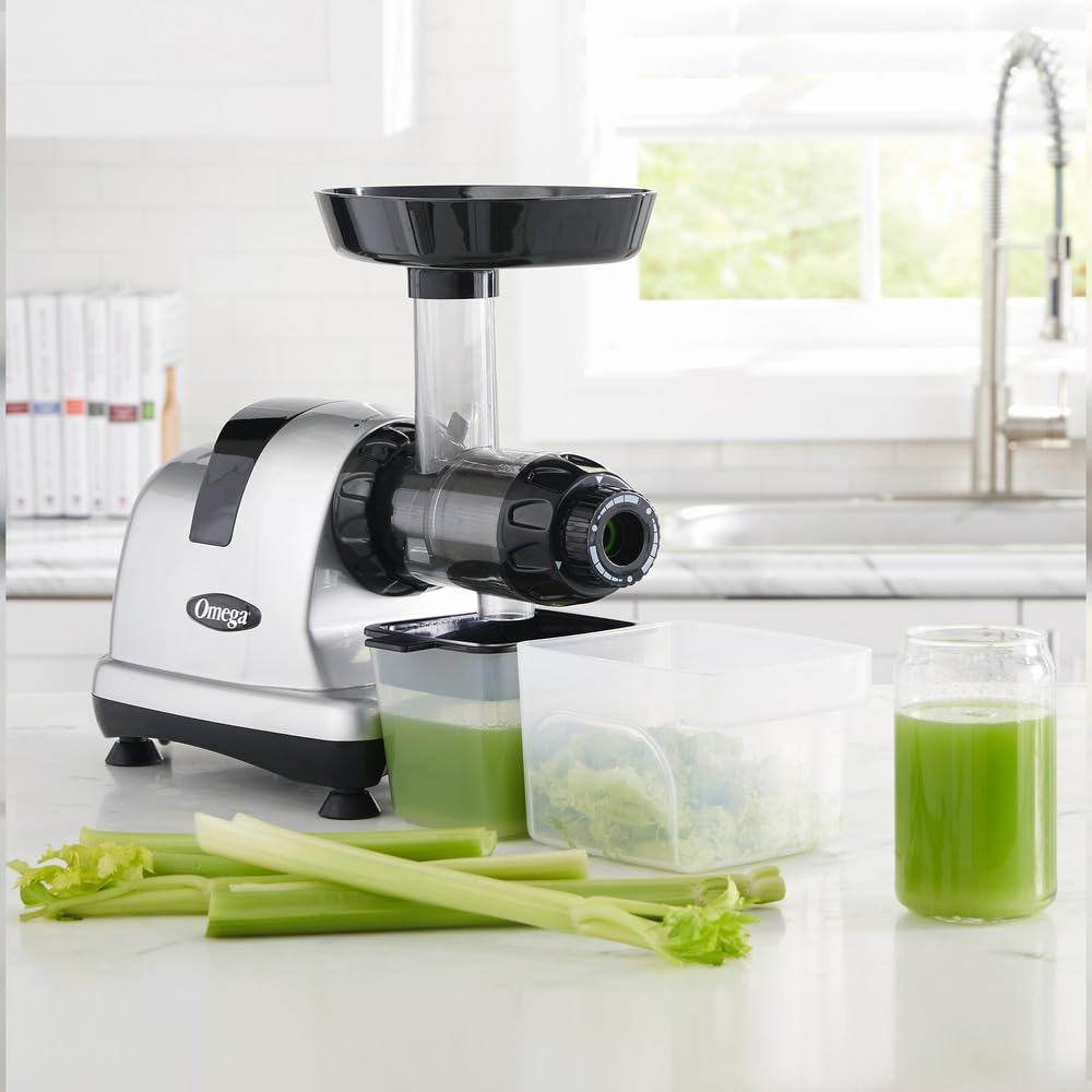 Premium Omega Masticating Juicer - 200W Cold Press Slow Juicer for Celery, Carrots & Greens with Adjustable Dial - Silver | Perfect for Healthy Juicing, Detox & Weight Loss at Home