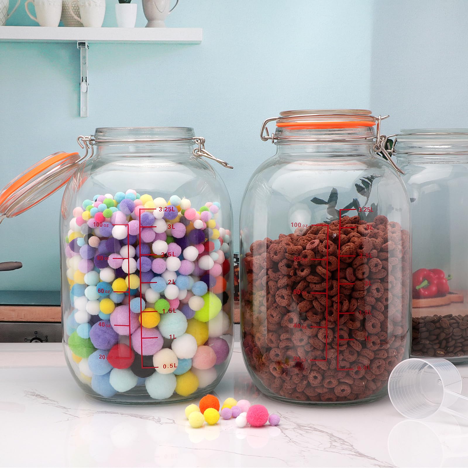 1-Gallon Round Glass Storage Jars with Hinged Lids - Wide Mouth Canning Jars with Scoop & Measurement Marks - Large Glass Containers for Fermenting, Pasta, Pickles, Sun Tea - Perfect for Kitchen, Pantry & Home Organization