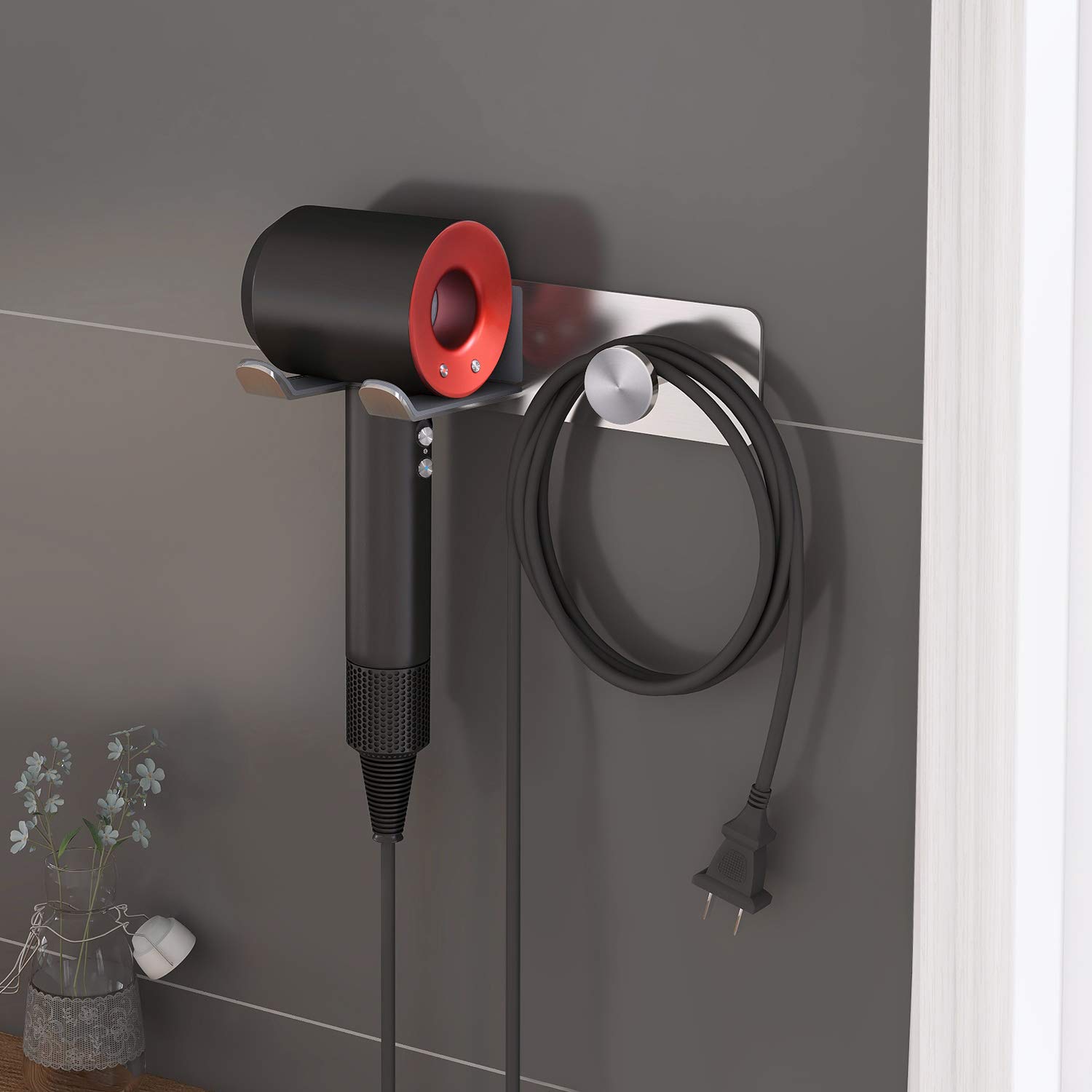 Stainless Steel Wall Mounted Hair Dryer Holder for Dyson Supersonic - Self Adhesive Blow Dryer Rack Organizer (Silver) - Perfect for Bathroom, Salon & Home Storage