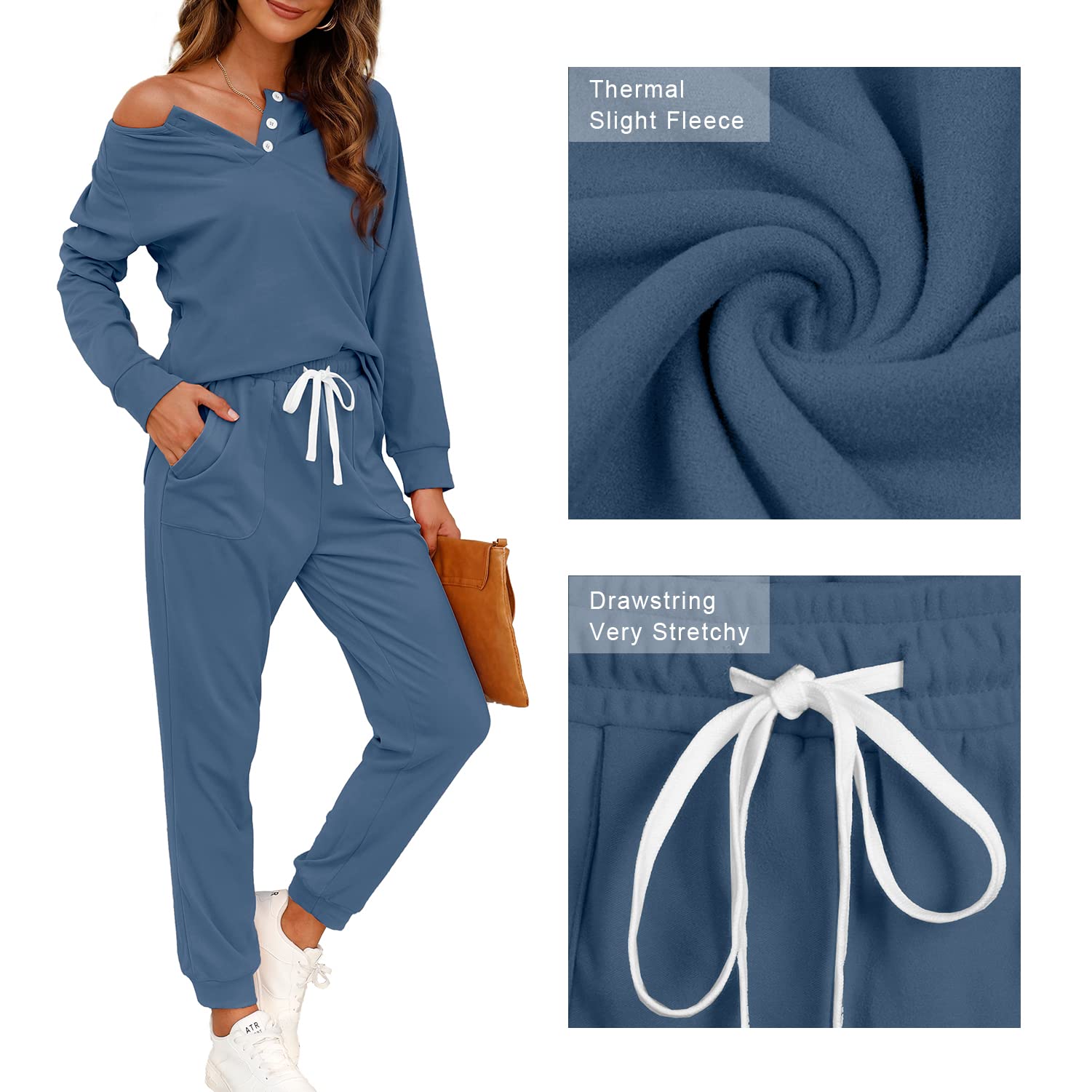 WIHOLL Women's 2-Piece Lounge Set - Button Down Sweatshirt & Sweatpants Outfit with Pockets | Comfortable Loungewear for Home, Yoga, and Casual Wear