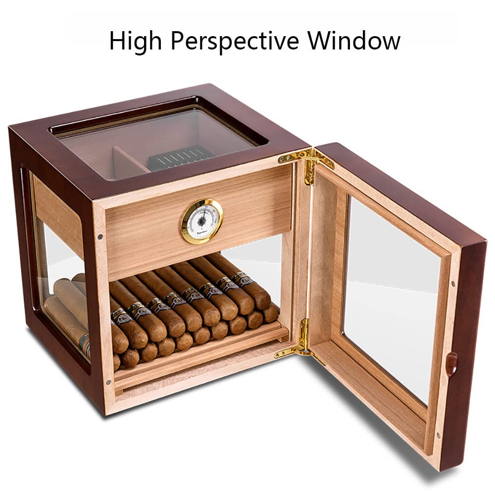 Premium Handmade Cedar Wood Cigar Box with Drawer & Glass Display - 5-Sided Cuban Cigar Case with Built-In Hygrometer - Holds 60-80 Cigars - Perfect Gift for Men (Black) - Ideal for Cigar Collectors & Aficionados at Home or Office