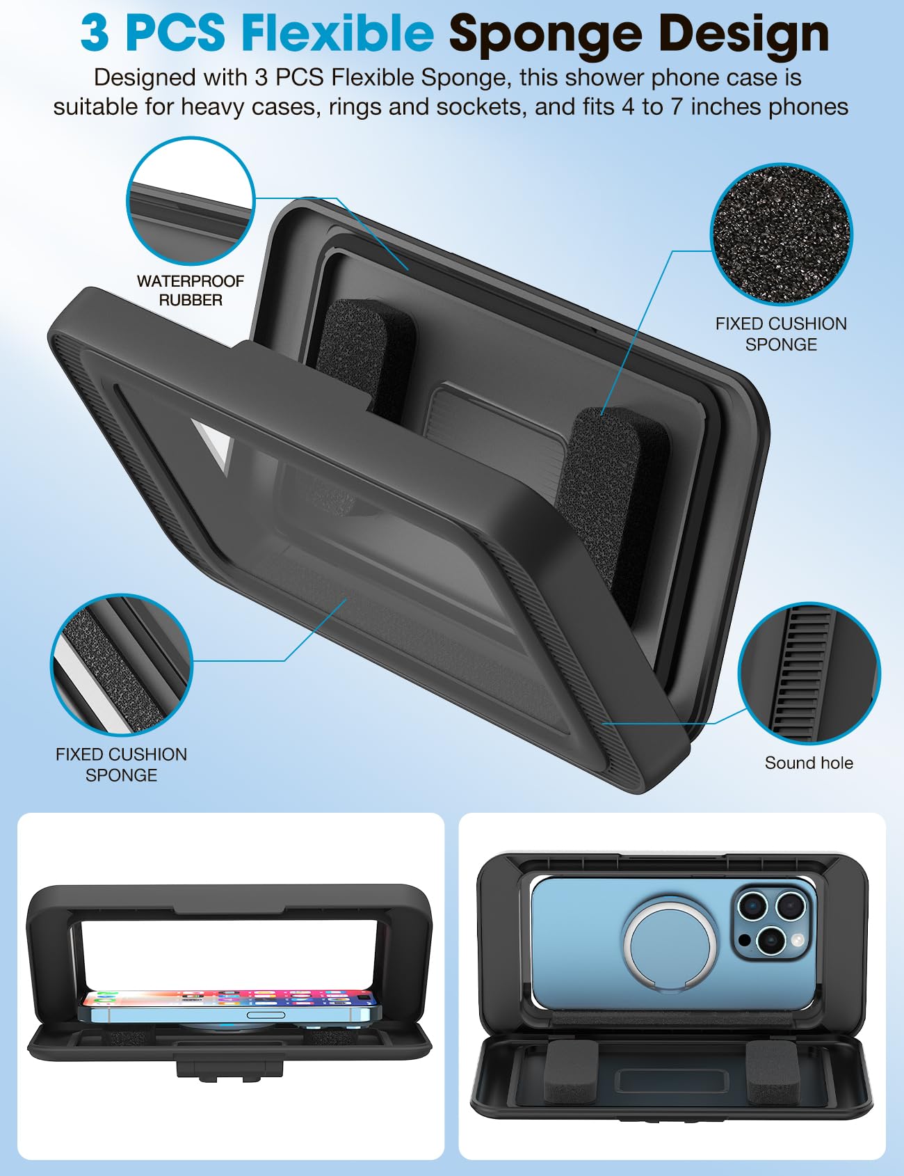 KUNSLUCK Waterproof Shower Phone Holder with 480° Rotation - Universal Wall Mount Stand for iPhone, Samsung & 4-7