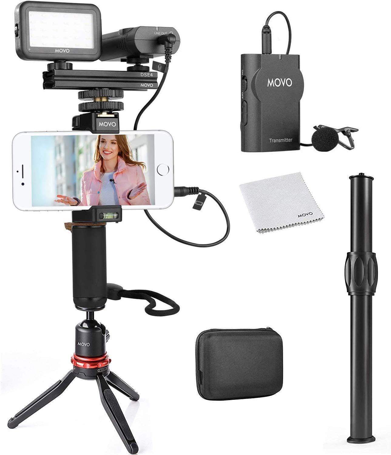 Movo Wireless Smartphone Video Kit V2+ with Tripod, Grip, Wireless Lavalier Microphone, LED Light & Remote - YouTube, TikTok, Vlogging & Live Streaming Equipment for iPhone 6/6S/7/8/X/XS/XS Max/XR/11/11 Pro & Samsung Galaxy - Perfect for Content Creators, Influencers & Video Professionals