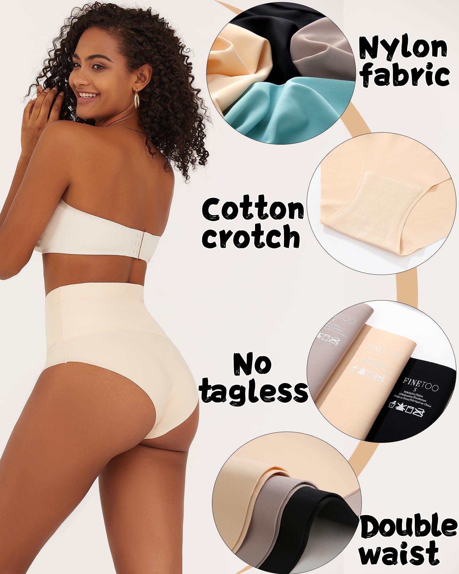 FINETOO High Waisted Tummy Control Underwear for Women - Seamless No Show Nylon Panties 4 Pack (S-XXXL) - Comfortable Shapewear for Everyday Wear, Yoga & Workout