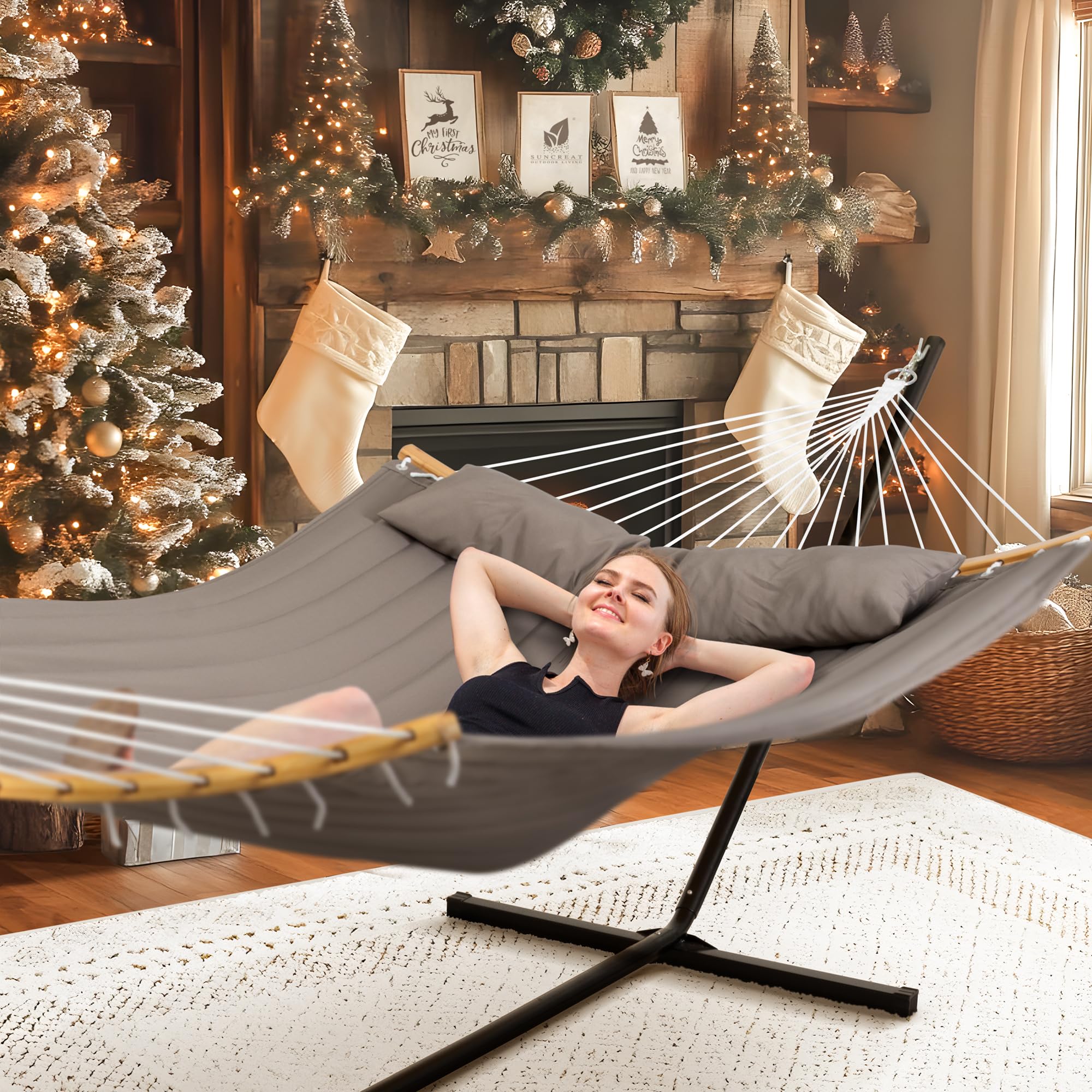 Best Portable Hammock with Stand - SUNCREAT Double Hammock with Curved Spreader Bar for Backyard, Patio, Camping & Travel - Comfortable Outdoor Relaxation in Brown
