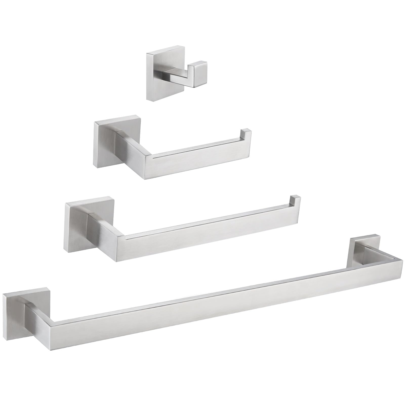 Suyar Brushed Nickel 4-Piece Bathroom Hardware Set - 304 Stainless Steel Robe Hook, Toilet Paper Holder, Towel Holder & Towel Bar - Wall Mounted Bathroom Accessories for Modern Home Decor & Spa-Like Experience