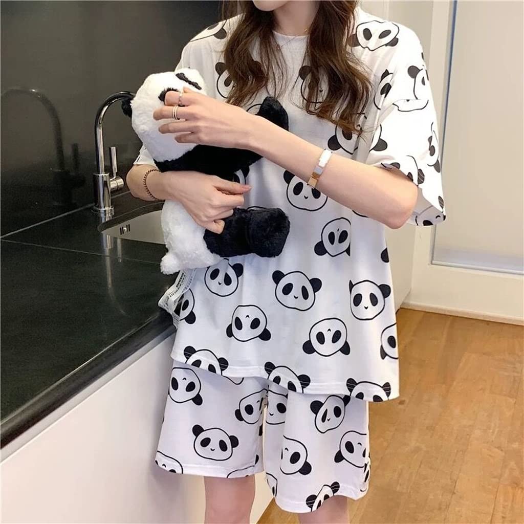 Women's Panda Cartoon Print Pajama Set - Soft Short Sleeve T-Shirt & Shorts Sleepwear for Women | Comfortable Casual Loungewear for Home, Travel & Relaxation (Color: D, Size: Medium)