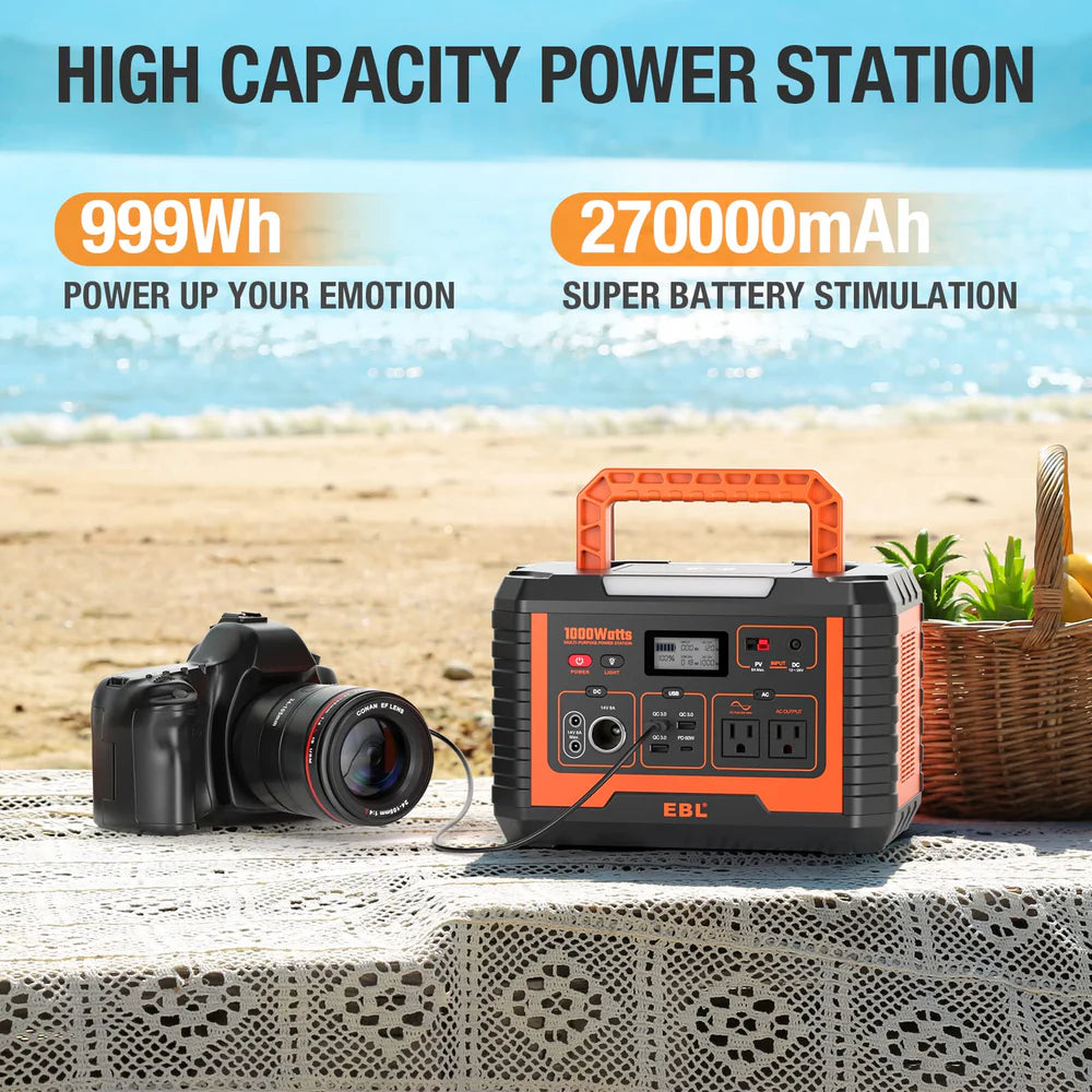 EBL MP1000 Portable Power Station 999Wh 1000W Solar Generator - Perfect for Camping, RV Trips, and Emergency Backup Power