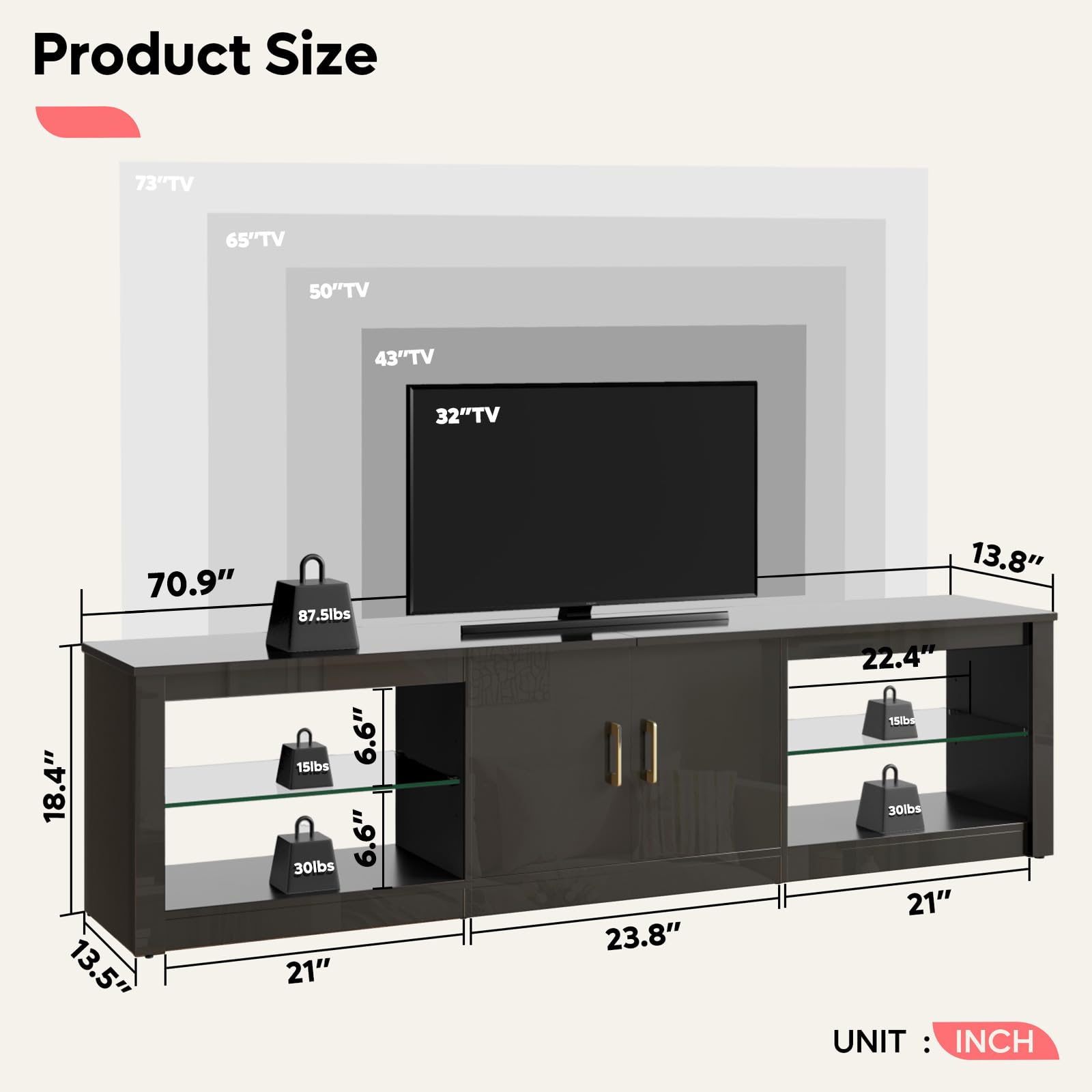 Bestier Modern TV Stand for 75 Inch TVs - Large Entertainment Center with Glass Shelves & 2 Storage Cabinets - Sturdy TV Console for Living Room, Gaming Setup & Home Theater Systems