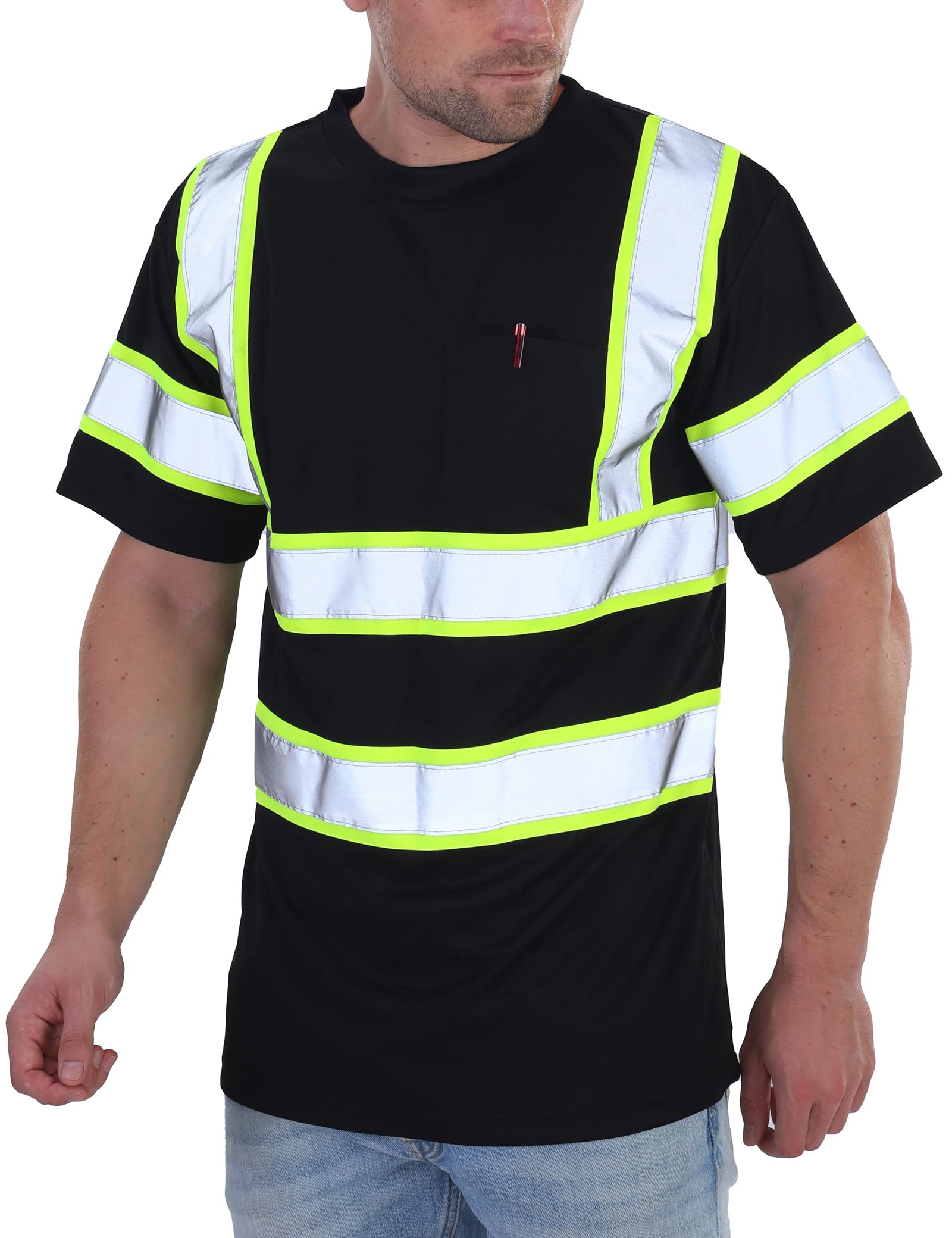 **High Visibility Class 3 Safety Shirts for Men - Reflective Construction Work Shirts with Pocket, Short Sleeve, Black & Yellow Stripe - Ideal for Road Work, Construction, and Nighttime Safety**
