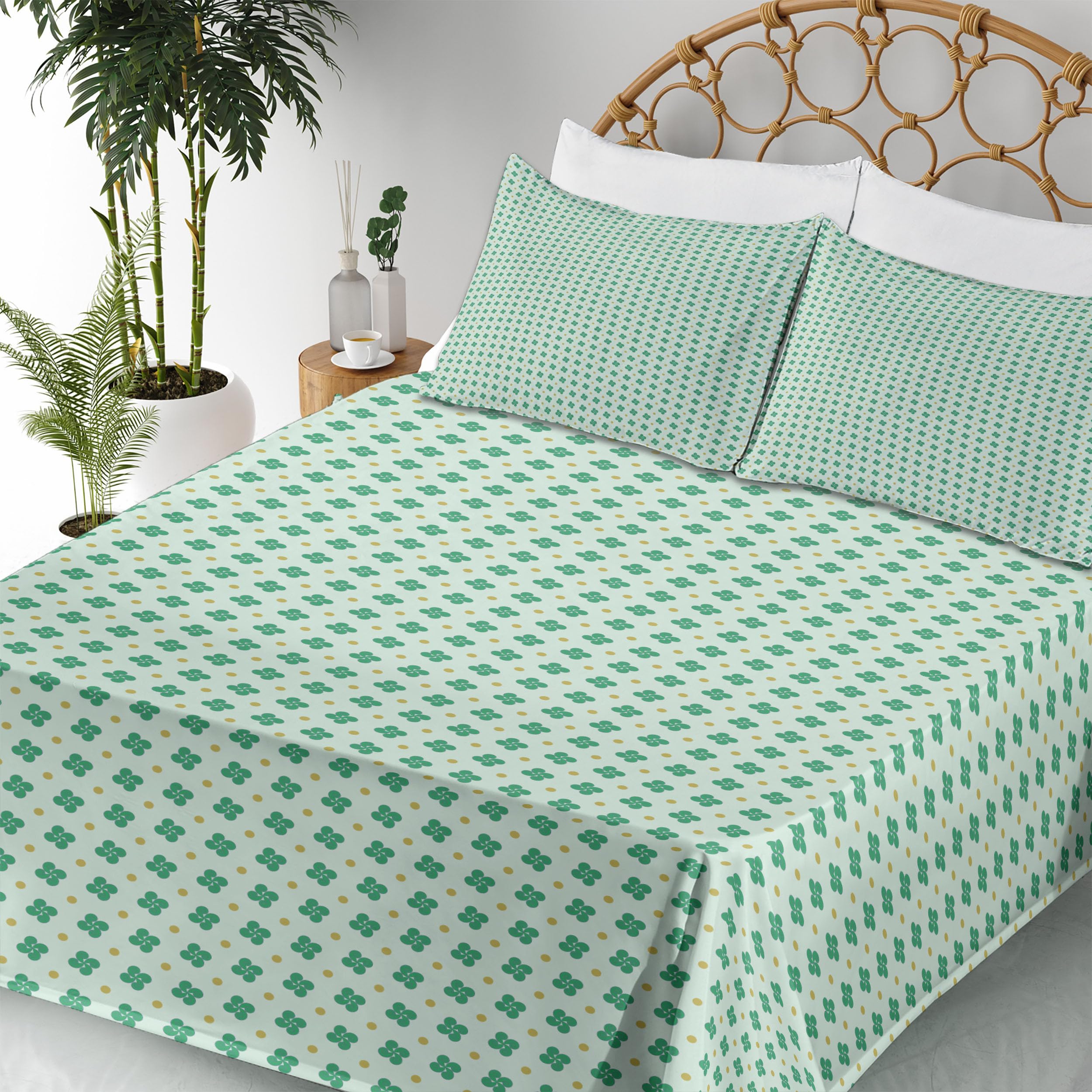 Ambesonne Floral Sheet Set - Modern Polka Dots & Shamrock Leaves Design, 4-Piece King Size Bedding Set with Fitted Sheet, Flat Sheet & Pillowcases in Mint Green Khaki | Perfect for Guest Rooms, Master Bedrooms & Bohemian Home Decor