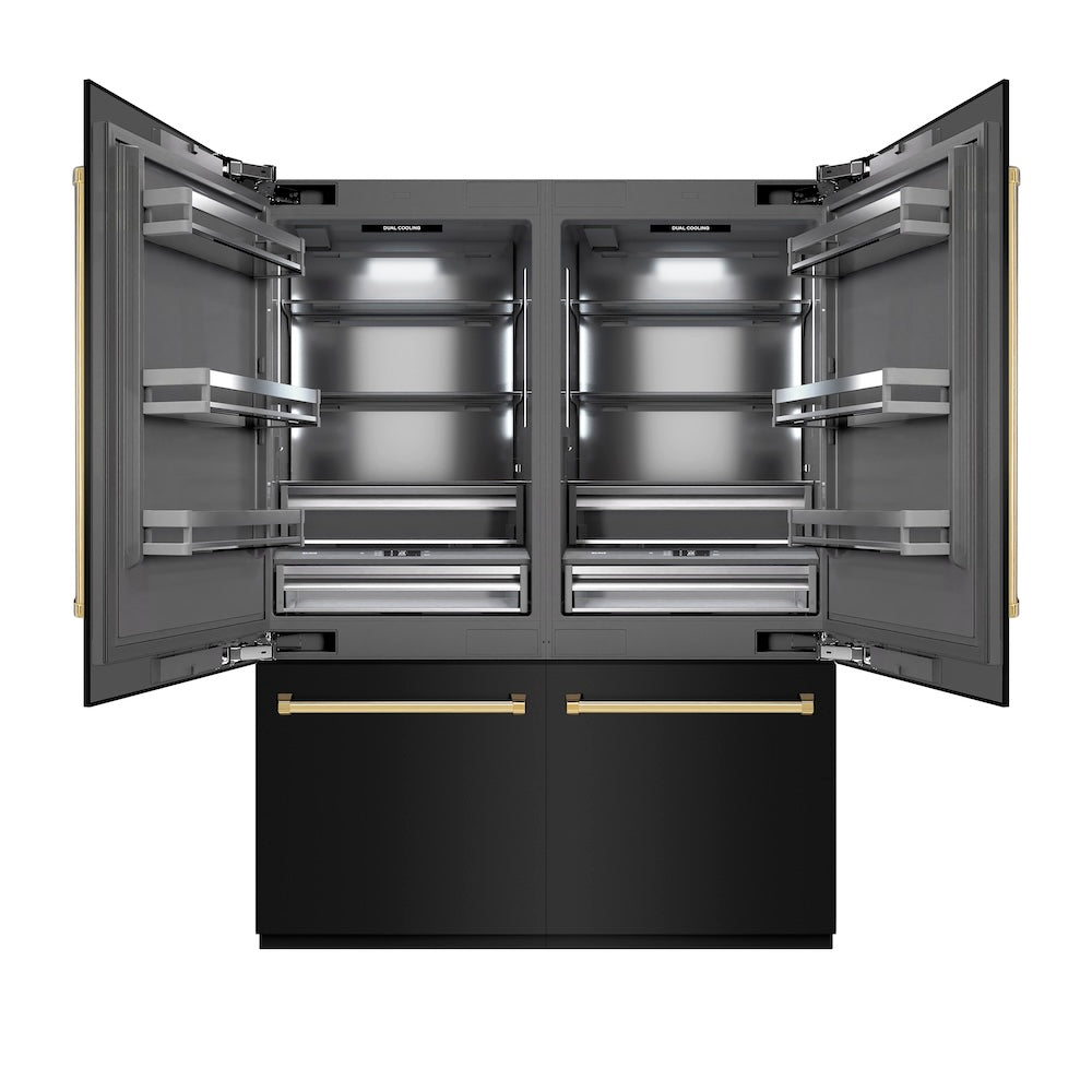 ZLINE Autograph Edition 60-Inch French Door Built-In Refrigerator with Bottom Freezer - 32.2 cu.ft Capacity, Black Stainless Steel Exterior, Graphite Gray Interior & Gold Accents - Water Dispenser & Ice Maker - Perfect for Modern Kitchens & Luxury Homes