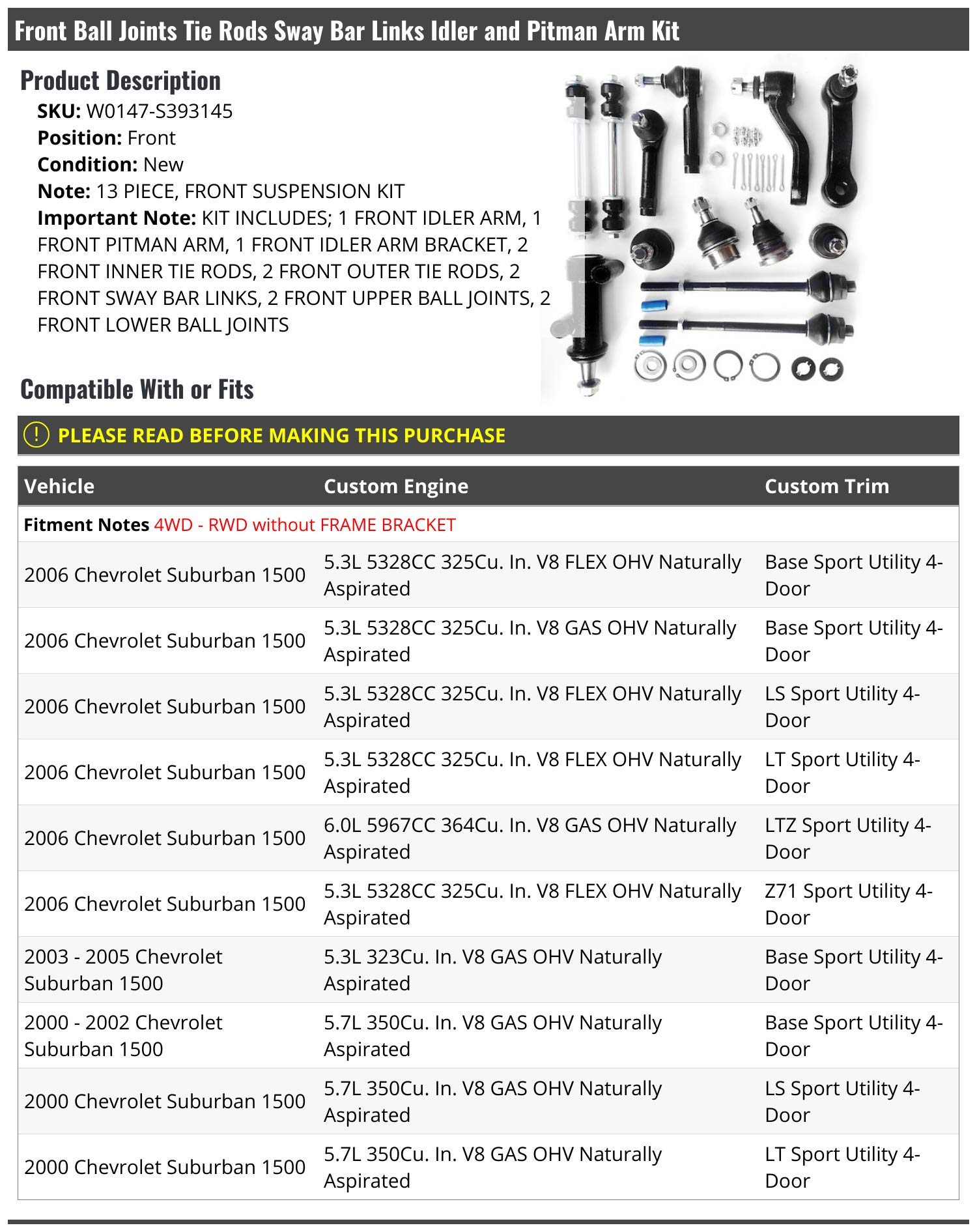 2000-2006 Chevy Suburban 1500 Front Suspension Kit - Ball Joints, Tie Rods, Sway Bar Links, Idler & Pitman Arm Replacement Parts | Durable Steering Components for Off-Roading & Daily Driving