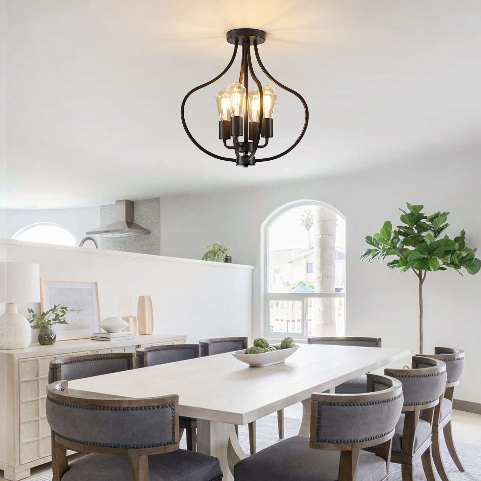4-Light Modern Semi Flush Mount Ceiling Fixture - Farmhouse Black Chandelier with Industrial Style - Perfect for Kitchen Island, Dining Room, Bedroom, Living Room, Foyer, Entryway & Hallway Lighting - Ideal for Home, Office, Restaurant and Commercial Spaces