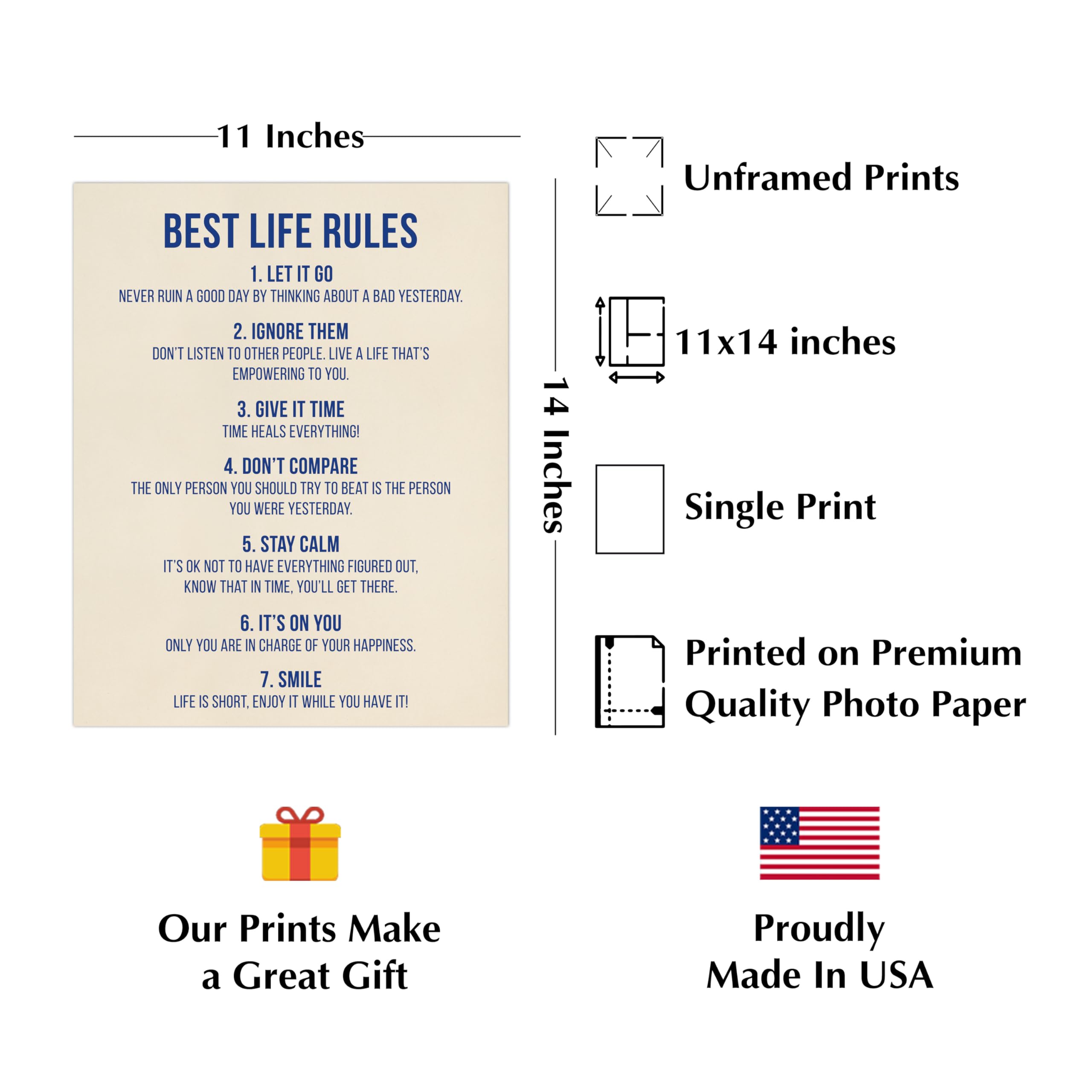 Best Life Rules - Motivational Wall Art Decor with Inspirational Quotes, Modern Typographic Design for Home, Office & Classroom (Unframed 11x14, Beige) - Perfect for Living Rooms, Workspaces & Study Areas