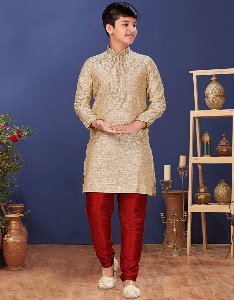 Elegant Beige Kurta Pajama Set - Jacquard Silk Indian Ethnic Wear for Men - Perfect for Festivals, Weddings & Special Occasions