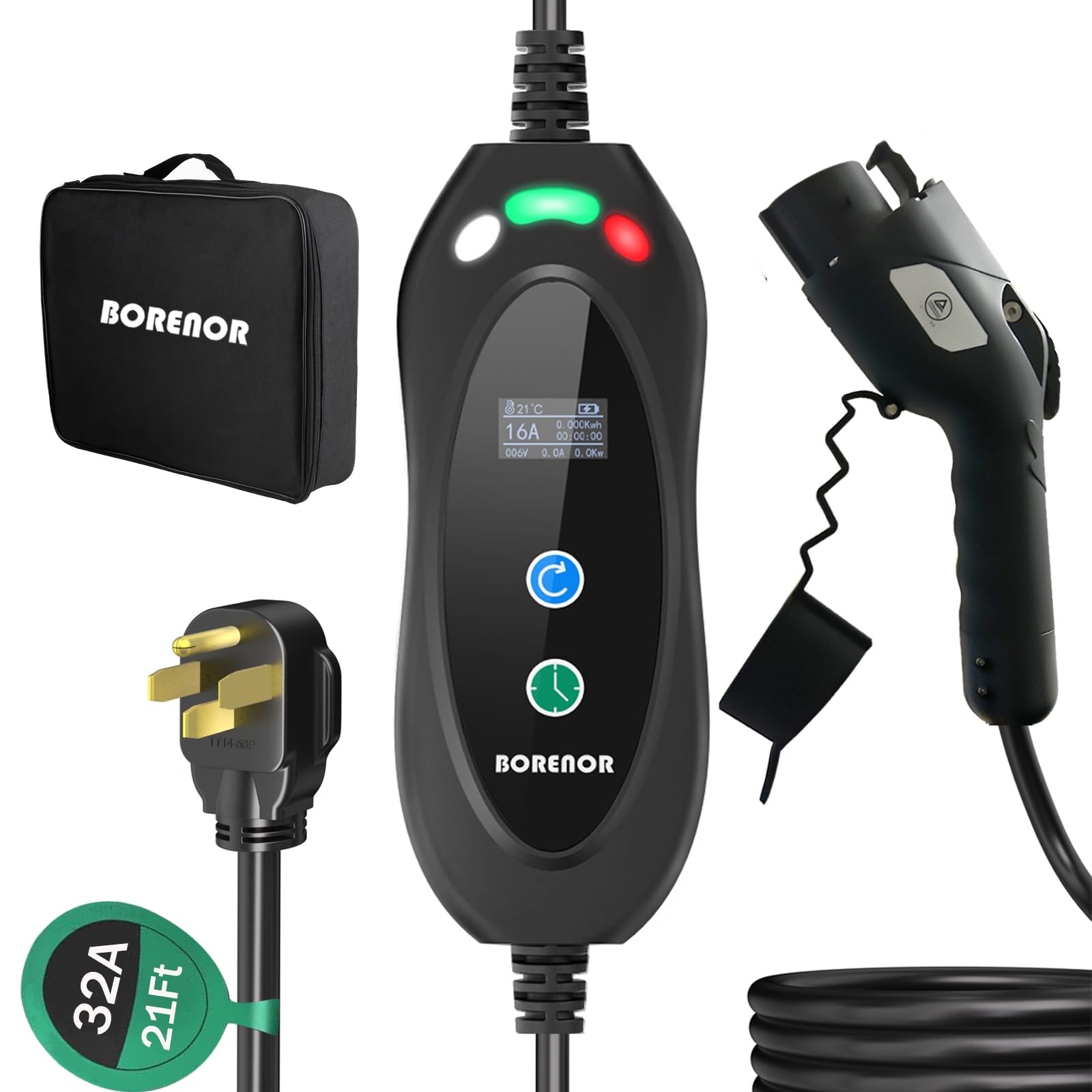 32A Level 2 Portable EV Charger - NEMA 14-50P Plug Electric Vehicle Charging Station with 21ft Cable | SAE J1772 Compatible Home & Travel Car Charger | Adjustable Current for Tesla, Chevy, Nissan | Perfect for Garage, Road Trips & Emergency Charging