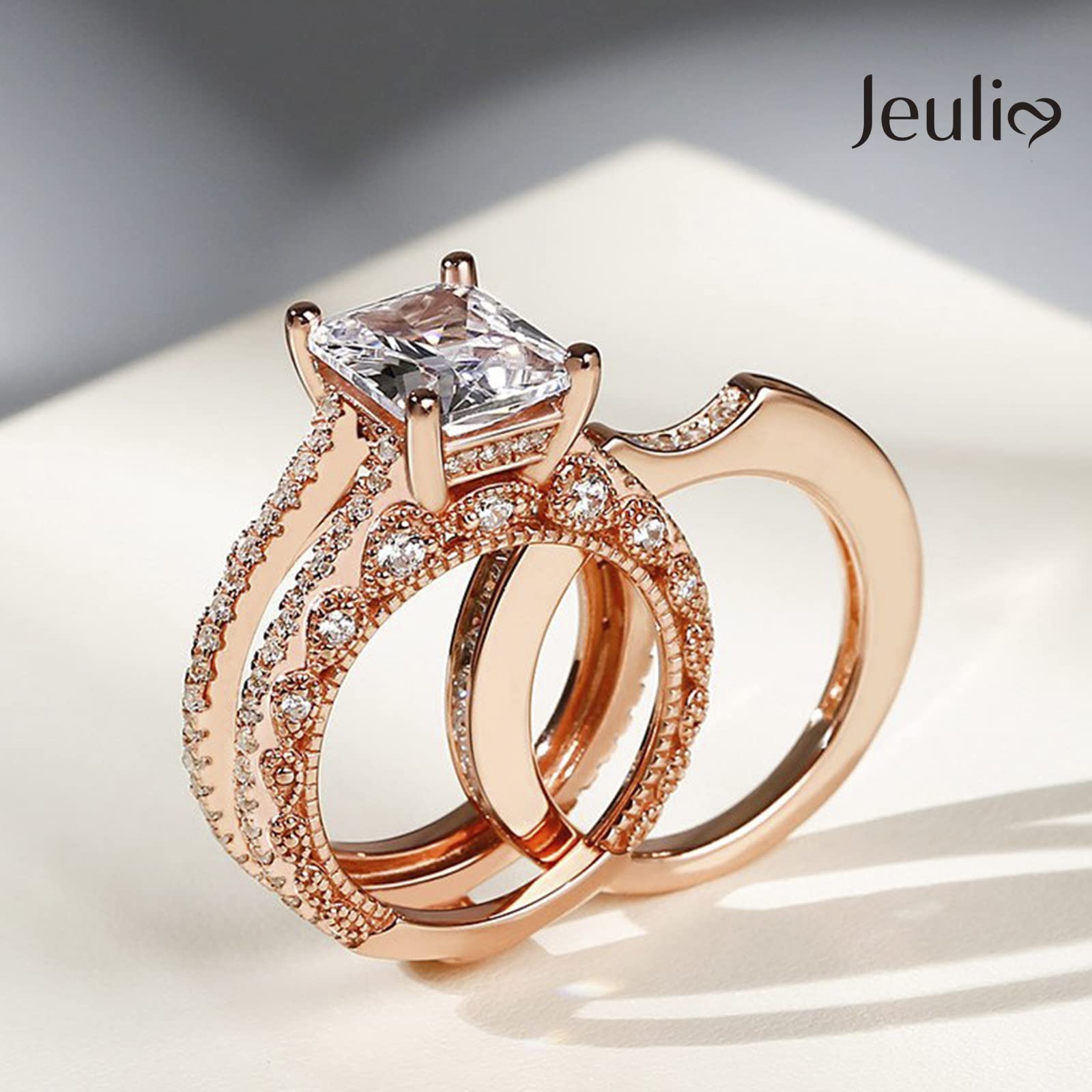 Jeulia 3PC Radiant Cut CZ Diamond Engagement Ring Set - Wedding Promise Anniversary Rings with Side Stones, Romantic Jewelry Gift for Women - Perfect for Proposals, Anniversaries & Special Occasions