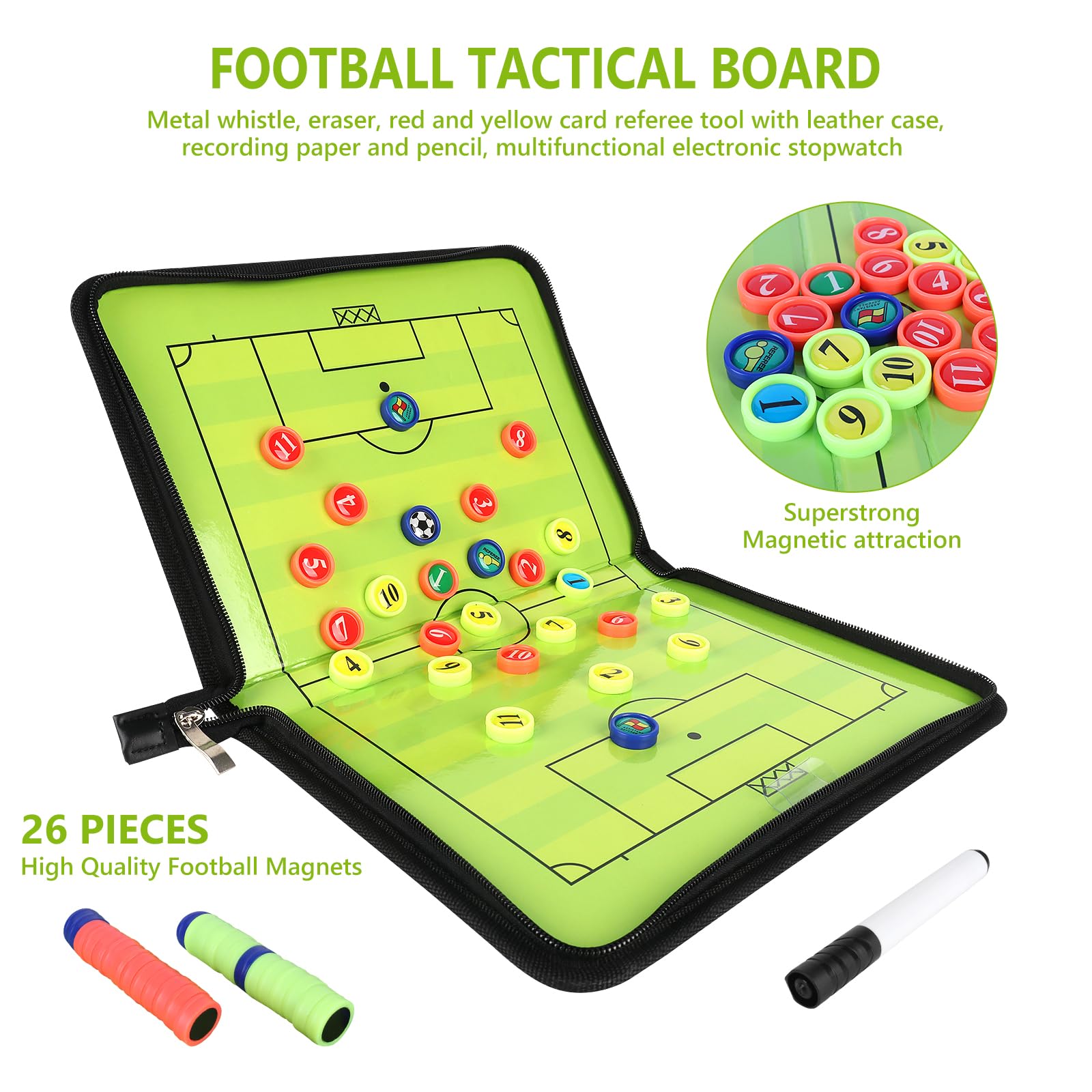 LUFEIS Professional Magnetic Soccer Coaching Board - Portable Tactical Football Whiteboard with Pens, Eraser, Brush, Timer & Whistle - Perfect for Soccer Coaches, Trainers & Tactical Training Sessions