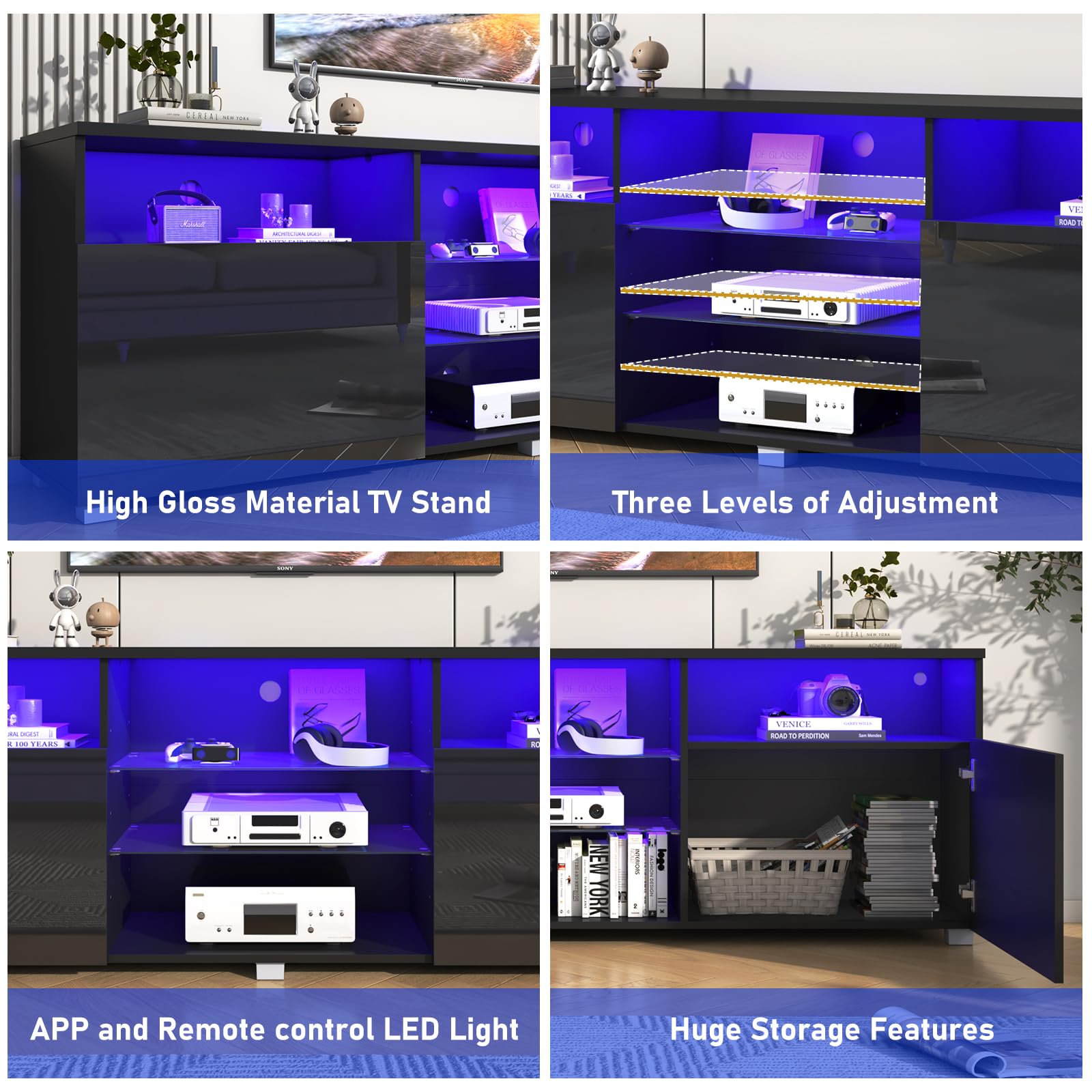 Vinctik 70 inch Modern LED TV Stand for 75/80 inch TVs - High Glossy Entertainment Center with Storage Drawers, APP-Controlled RGB Lighting - Smart TV Cabinet for Living Room (71in Black) - Perfect for Home Theater & Gaming Setup
