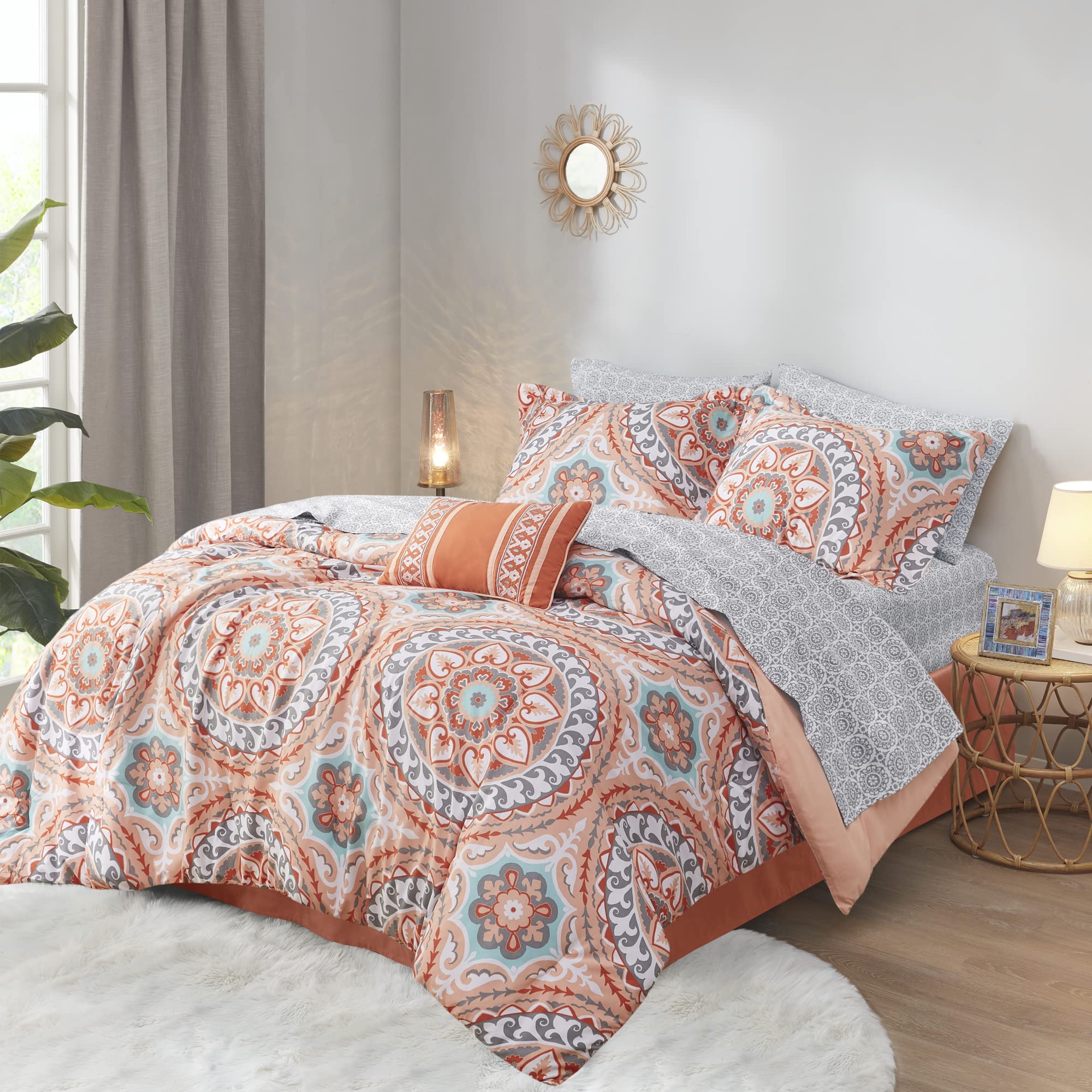 Madison Park Essentials Serenity 9-Piece Queen Bed in a Bag Comforter Set - Medallion Damask Design, All Season Cotton Bedding with Sheet Set & Bedskirt (90