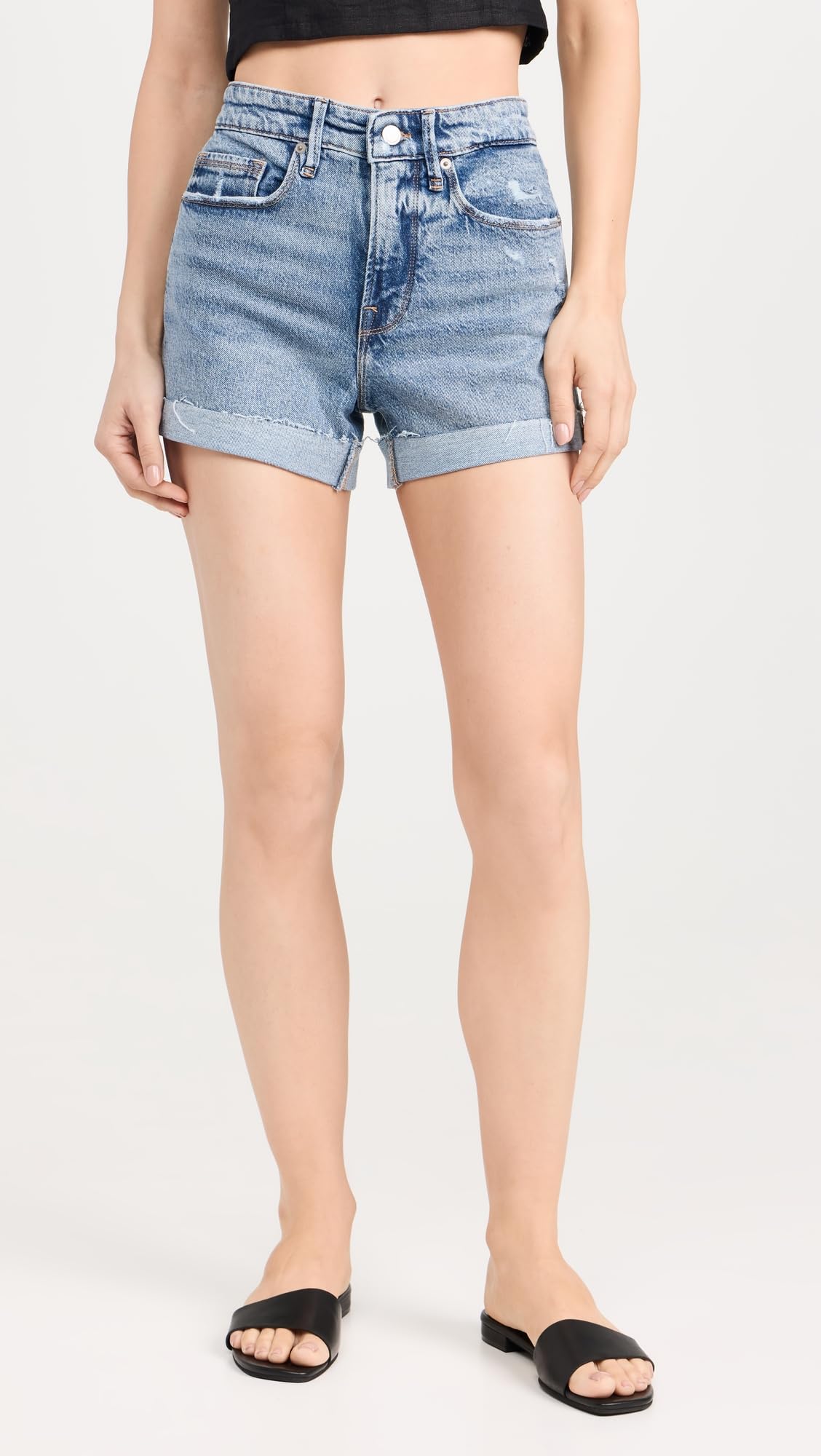 Good American Women's High Waist Denim Shorts - Stretchy Comfort Fit for Casual Wear & Summer Outfits | Perfect for Beach, Travel & Everyday Style