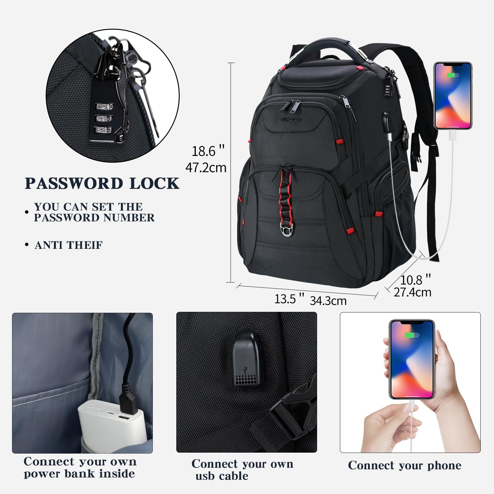 EMPSIGN 17.3 Inch Anti-Theft Laptop Backpack for Men & Women - 45L Business Travel Backpack with USB Charging Port, Water-Repellent Design - Perfect for Work, College, School & Daily Commute - Black