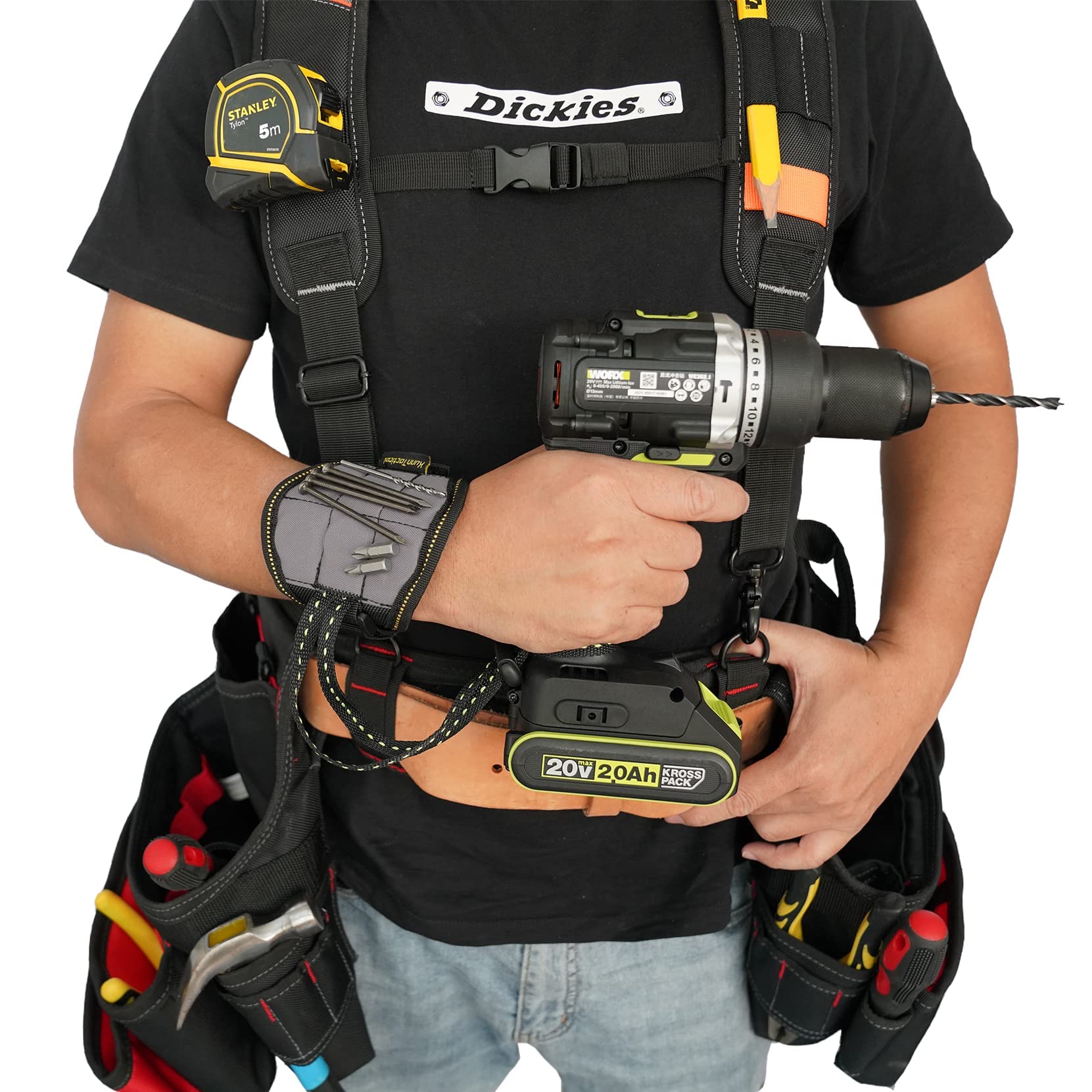 KUNN Tool Belt Suspender with Magnetic Wristband - Heavy Duty Work Belt for Carpenters, Electricians & Framers (Gray) - Perfect for Construction, Woodworking & DIY Projects