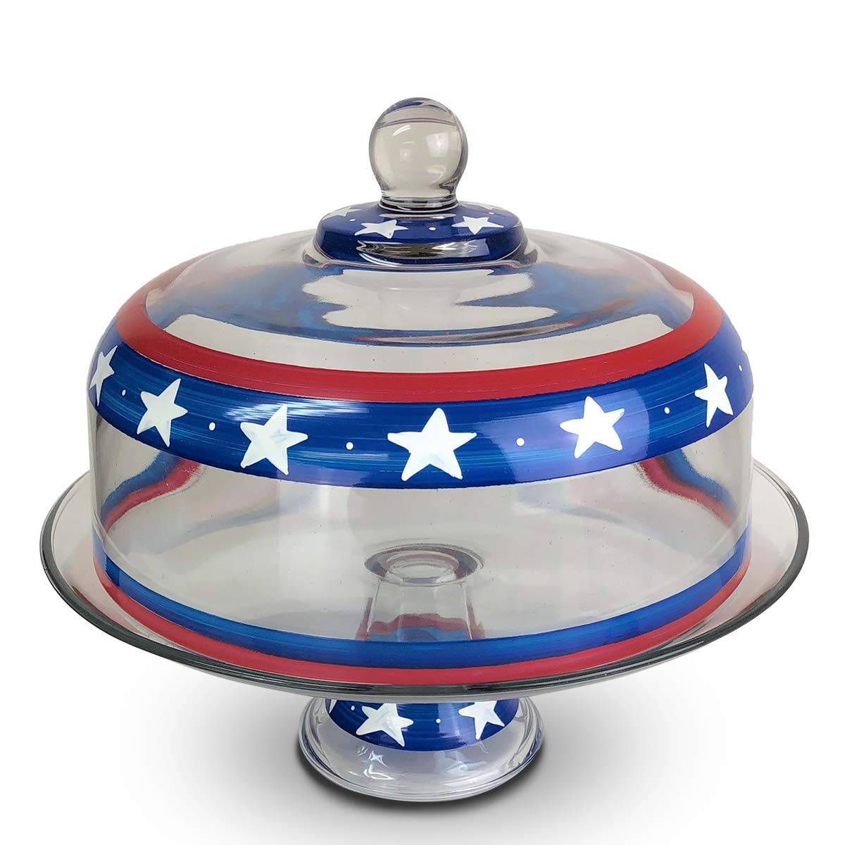 Hand Painted Patriotic Cake Stand with Glass Cover - July 4th Kitchen Decor | Unique American-Made Glassware for Weddings, Parties & Holiday Dessert Displays