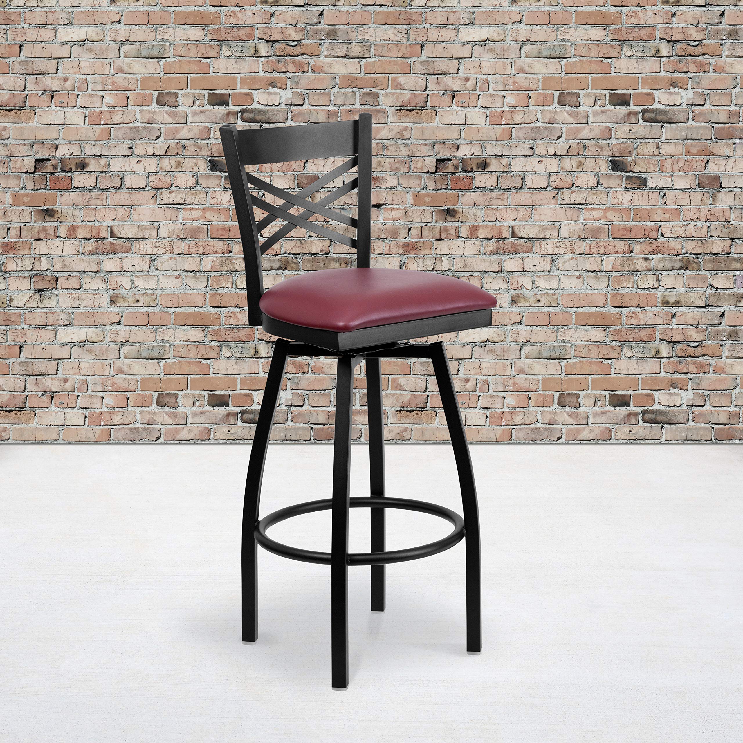 2 Pack Black X-Back Swivel Metal Barstools with Burgundy Vinyl Seat - Heavy Duty Counter Height Bar Stools for Kitchen Island, Breakfast Nook & Home Bar (Set of 2)
