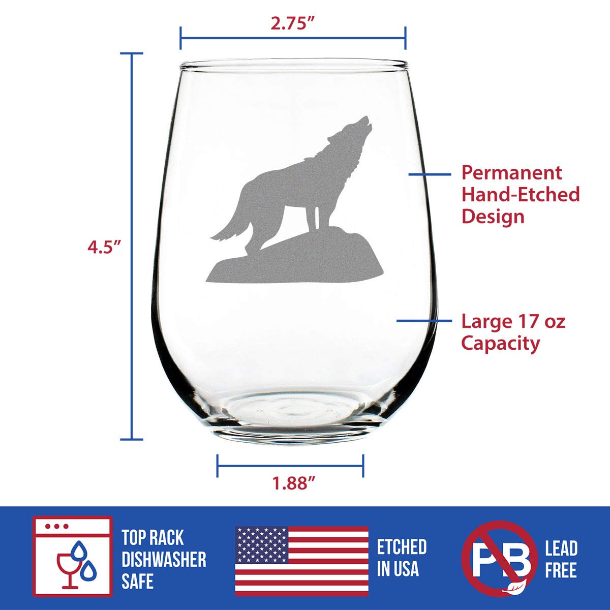 Wolf Stemless Wine Glass - Engraved Silhouette Design - Rustic Cabin Themed Gift for Women & Men - Perfect for Home Decor, Camping, and Outdoor Entertaining - Large 16oz Capacity