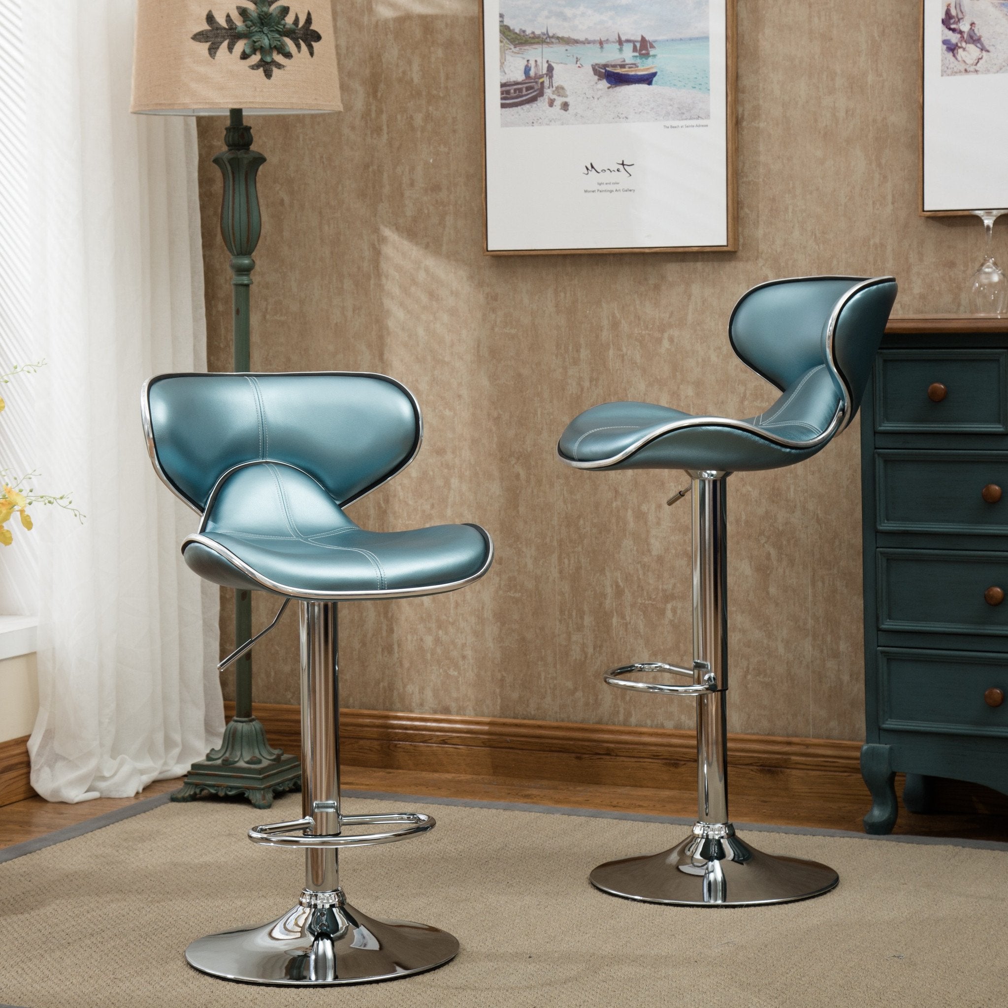 Roundhill Furniture Masaccio Adjustable Swivel Bar Stool - Set of 2, Leatherette Upholstered with Chrome Base, Blue - Perfect for Kitchen Islands, Home Bars & Game Rooms