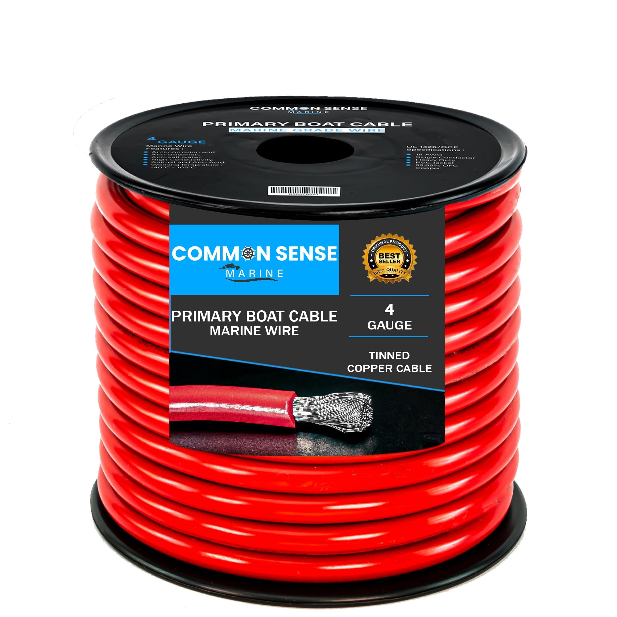 4 Gauge Primary Boat Cable - 30 ft Marine Grade Tinned Oxygen-Free Copper Wire - 4 AWG UL 1426 Standard PVC Wire for Marine, Automotive, Audio & RV Applications - Perfect for Boat Wiring, Car Audio Systems, and Camper Electrical Installations