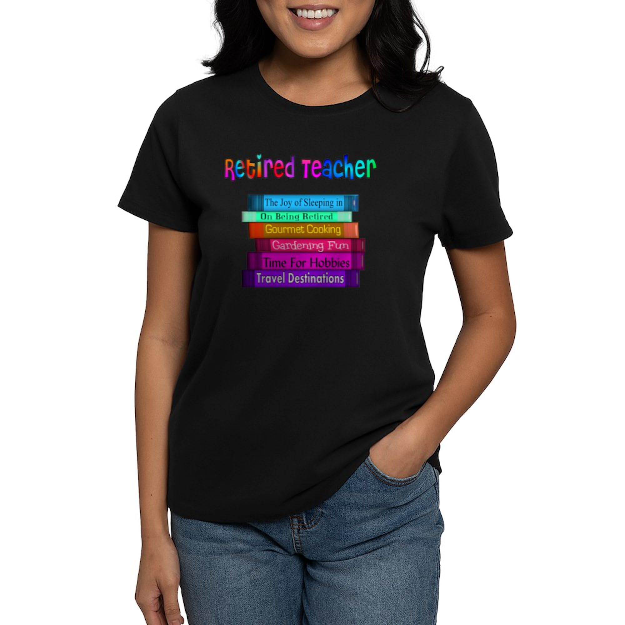 Retired Teacher Book Stack 20 Women's Dark T-Shirt - 100% Cotton Comfortable Tee for Educators - Perfect for Retirement Gifts, Teacher Appreciation & Casual Wear