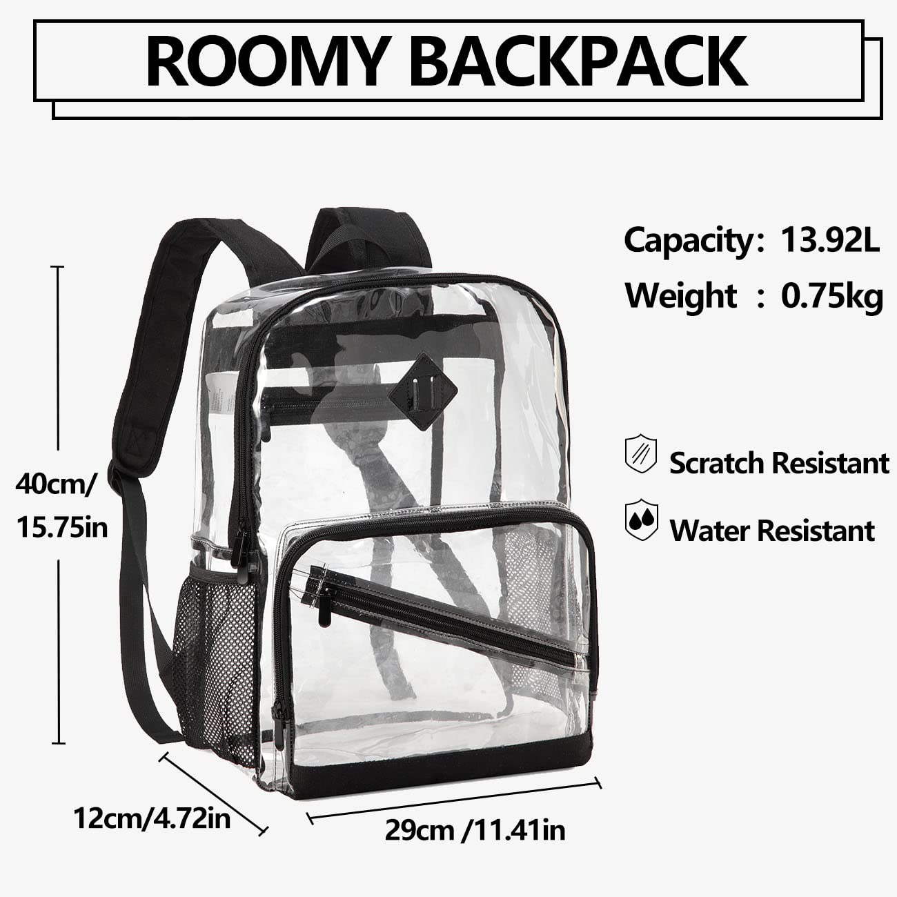 Kasqo 15.6 Inch Clear Backpack - Heavy Duty PVC Transparent School Backpack for College, Work & Travel | Stadium Approved See Through Backpack | Perfect for Sports Events, Airport Security & Daily Commute