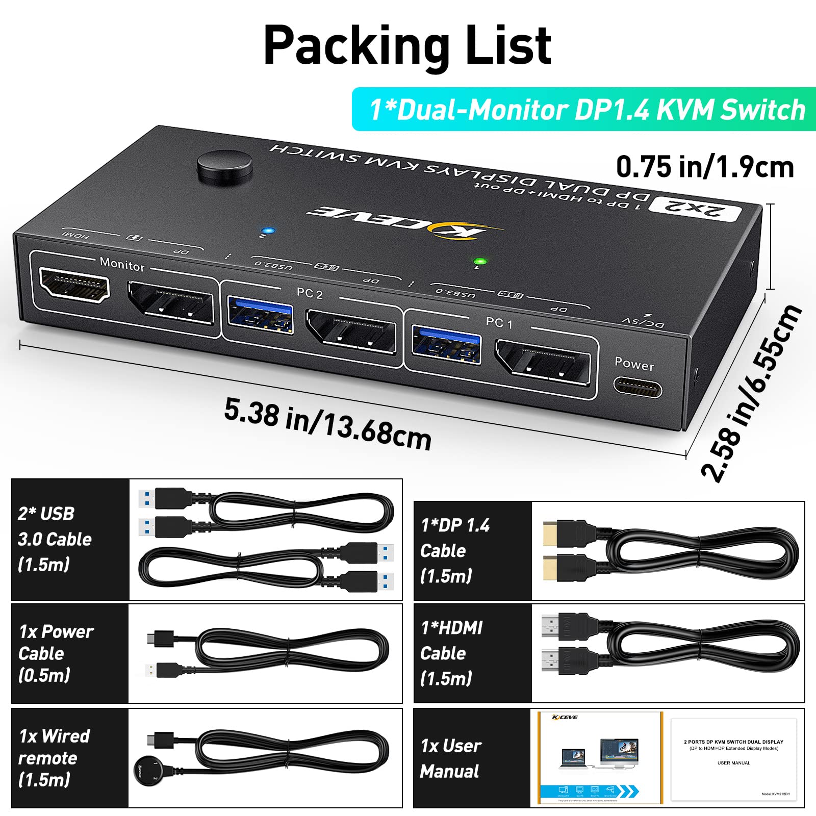 2-Port DisplayPort KVM Switch - Dual Monitor Support with Extend/Mirror Modes | HDMI & DP Output | Single DP Connection per PC | Perfect for Home Office & Multi-Computer Workstations